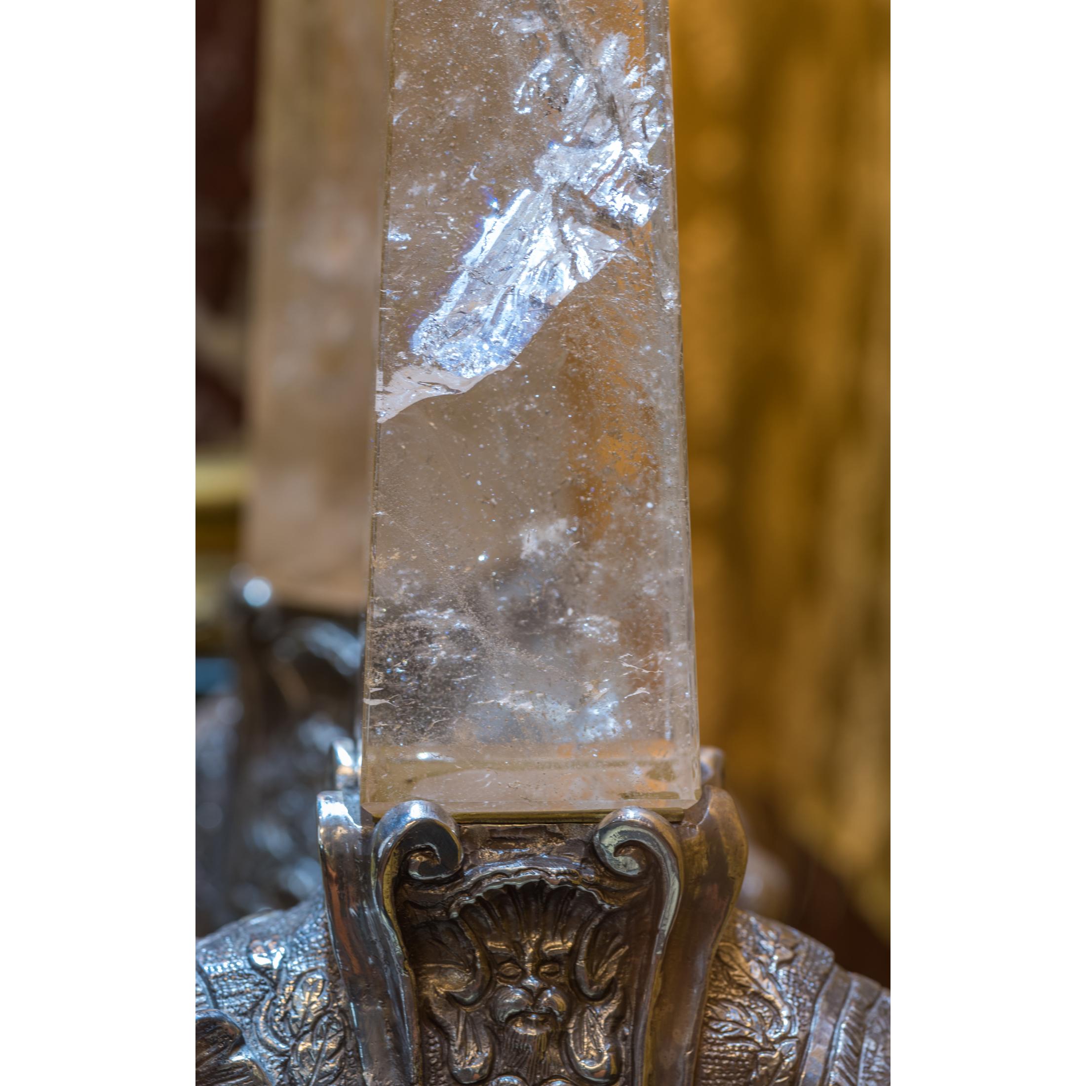 Painted Pair of Continental Rock Crystal on Silvered Bronze Elephant Obelisks