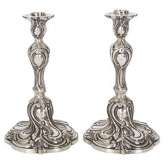 Pair of Continental Rococo 13 Loth Silver Antique Candlesticks, 19th Century