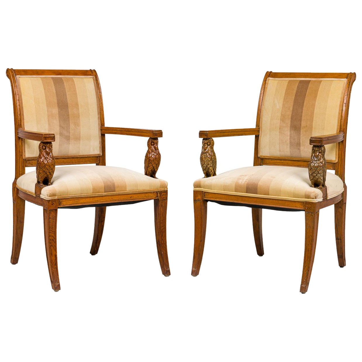 Pair of Continental Rustic Style Wooden Armchairs with Carved Owl Head Armrests