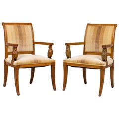 Pair of Continental Rustic Style Wooden Armchairs with Carved Owl Head Armrests