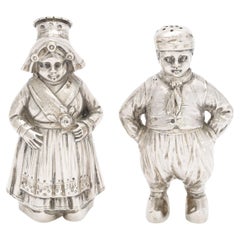 Antique Pair of Continental Silver '.835' Dutch Boy and Girl Salt and Pepper Shakers