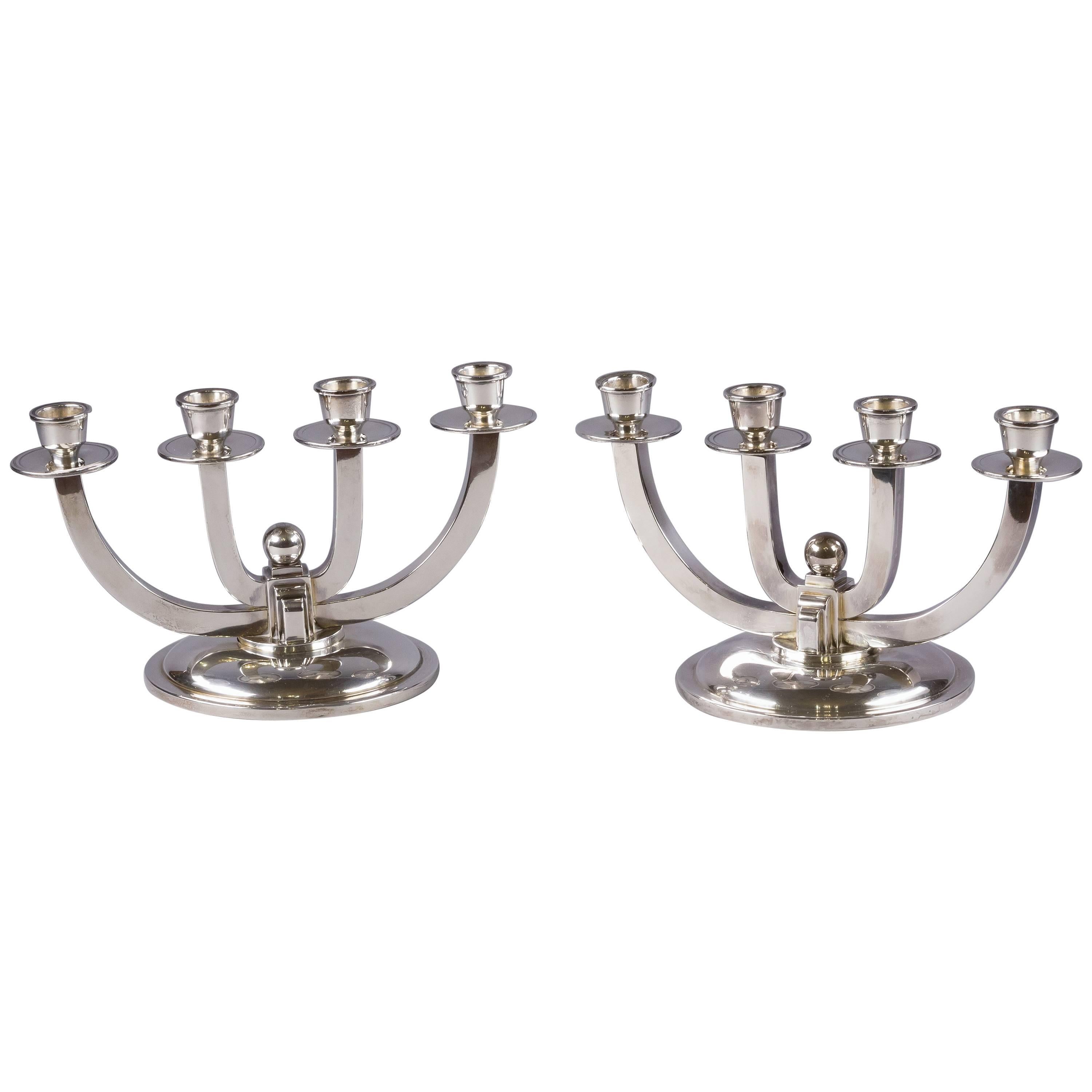 Pair of Continental Silver Four-Light Art Deco Style Candelabra, circa 1920 For Sale