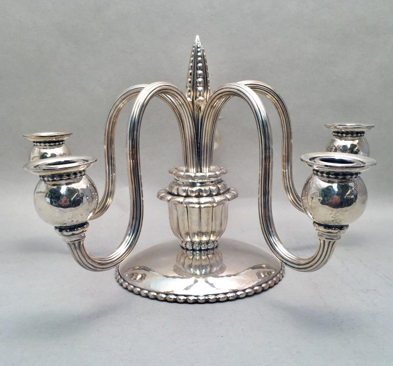 Hammered Pair of Continental Silver Jensen Style Five Light Candelabras For Sale