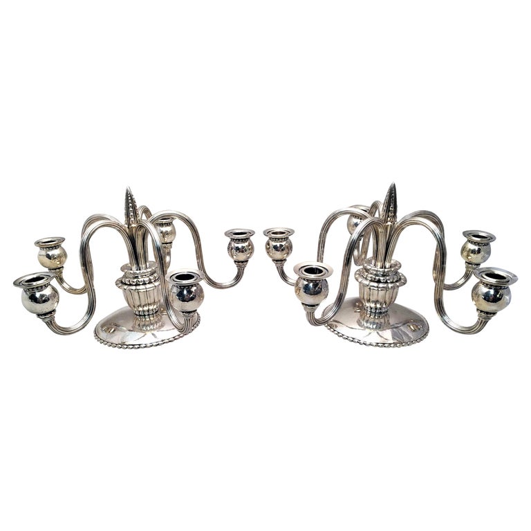 Pair of Continental Silver Jensen Style Five Light Candelabras For Sale