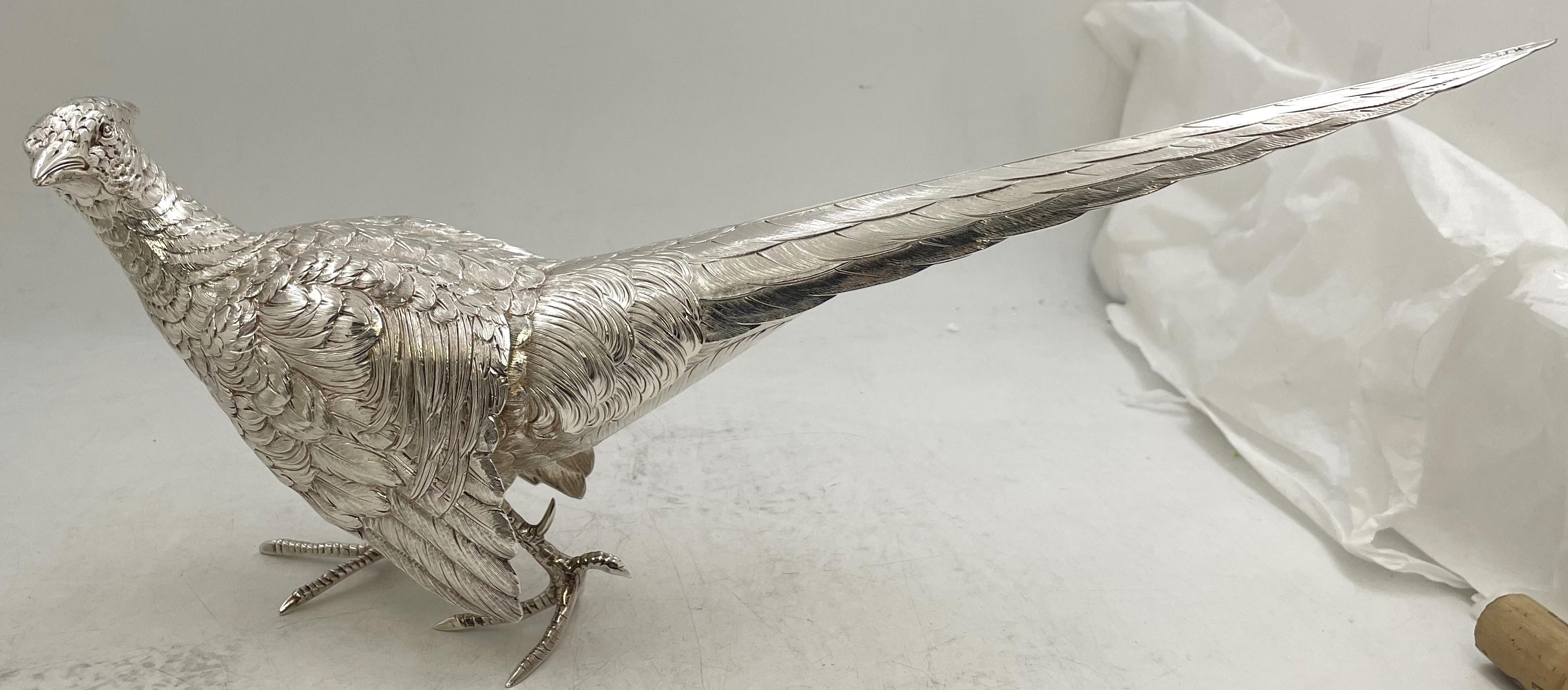 Pair of continental silver pheasants, depicted in a very realistic manner, from the 19th or early 20th century. One measures 17'' in length by 6'' in height. The other one measures 17 1/2'' in length by 10 1/2'' in height including the wing spreads.