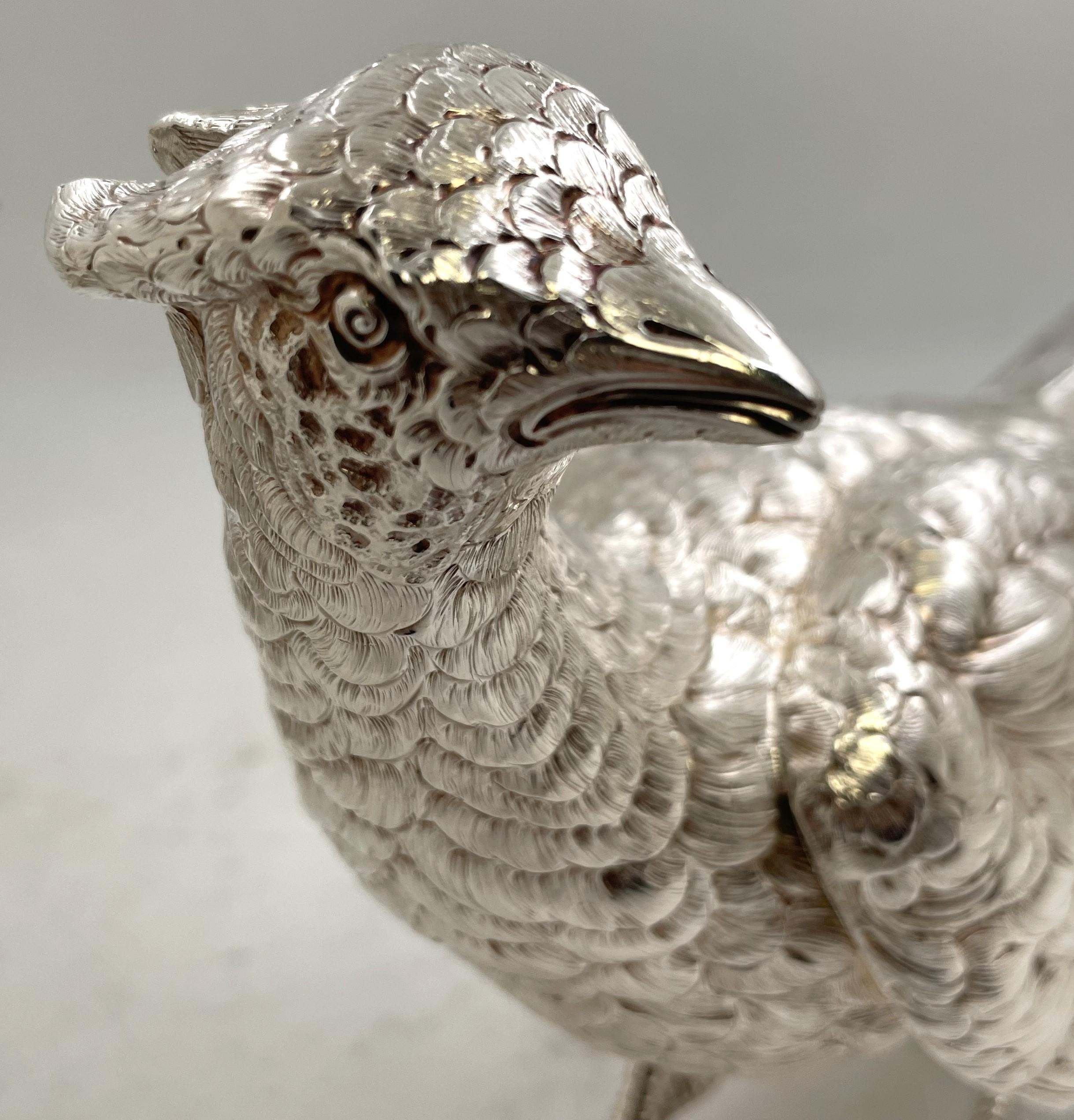 Pair of Continental Silver Pheasants from 19th or Early 20th Century In Good Condition For Sale In New York, NY