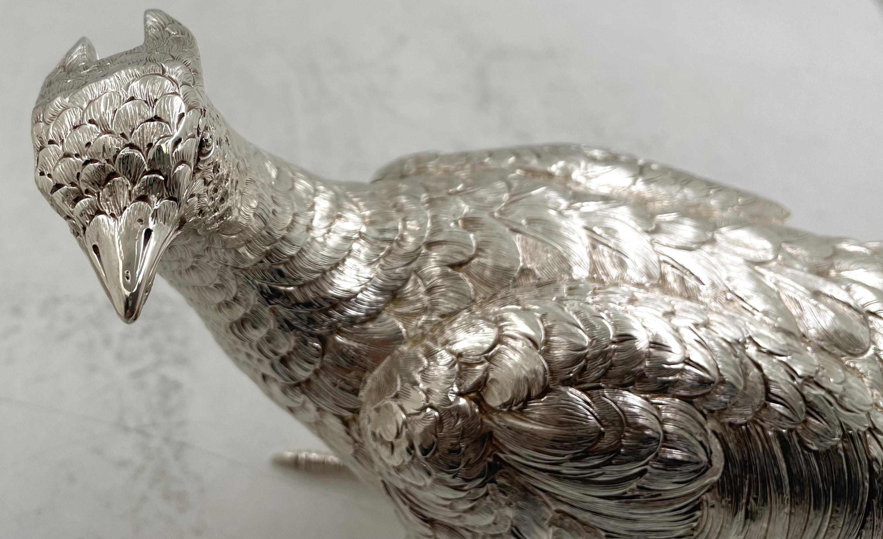19th Century Pair of Continental Silver Pheasants from 19th or Early 20th Century For Sale