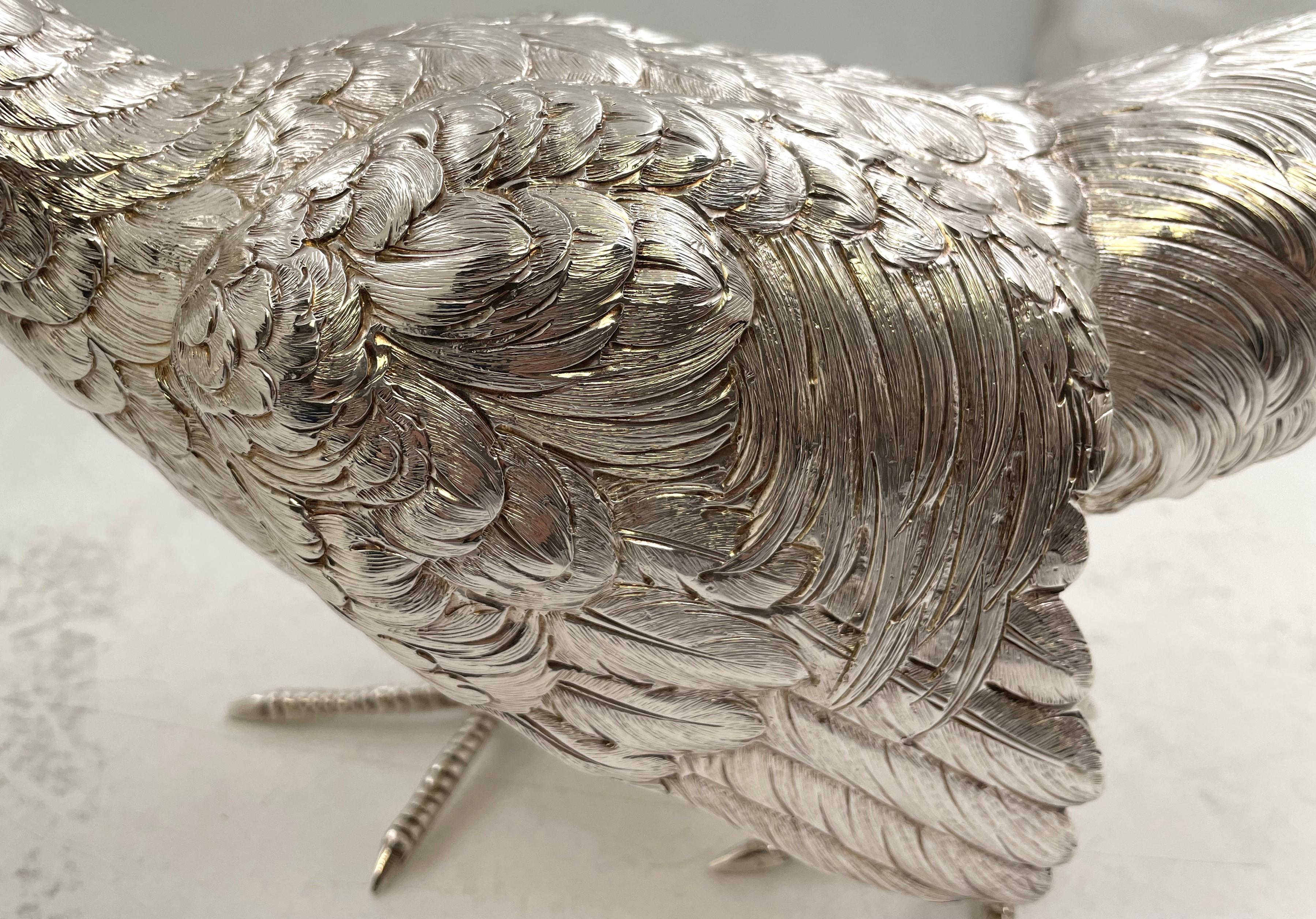 Pair of Continental Silver Pheasants from 19th or Early 20th Century For Sale 1