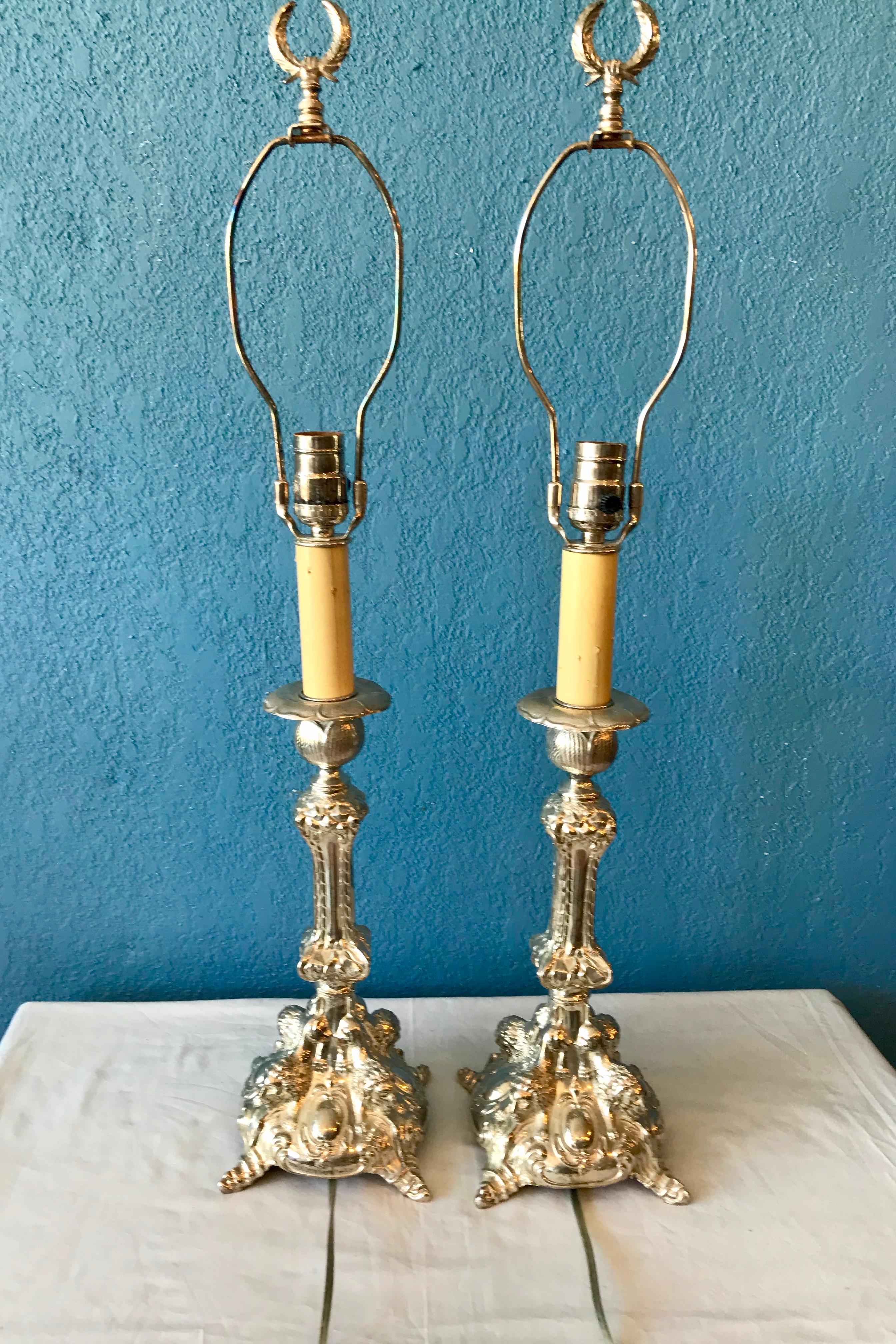 Pair of Continental Silvered Lamps For Sale 5