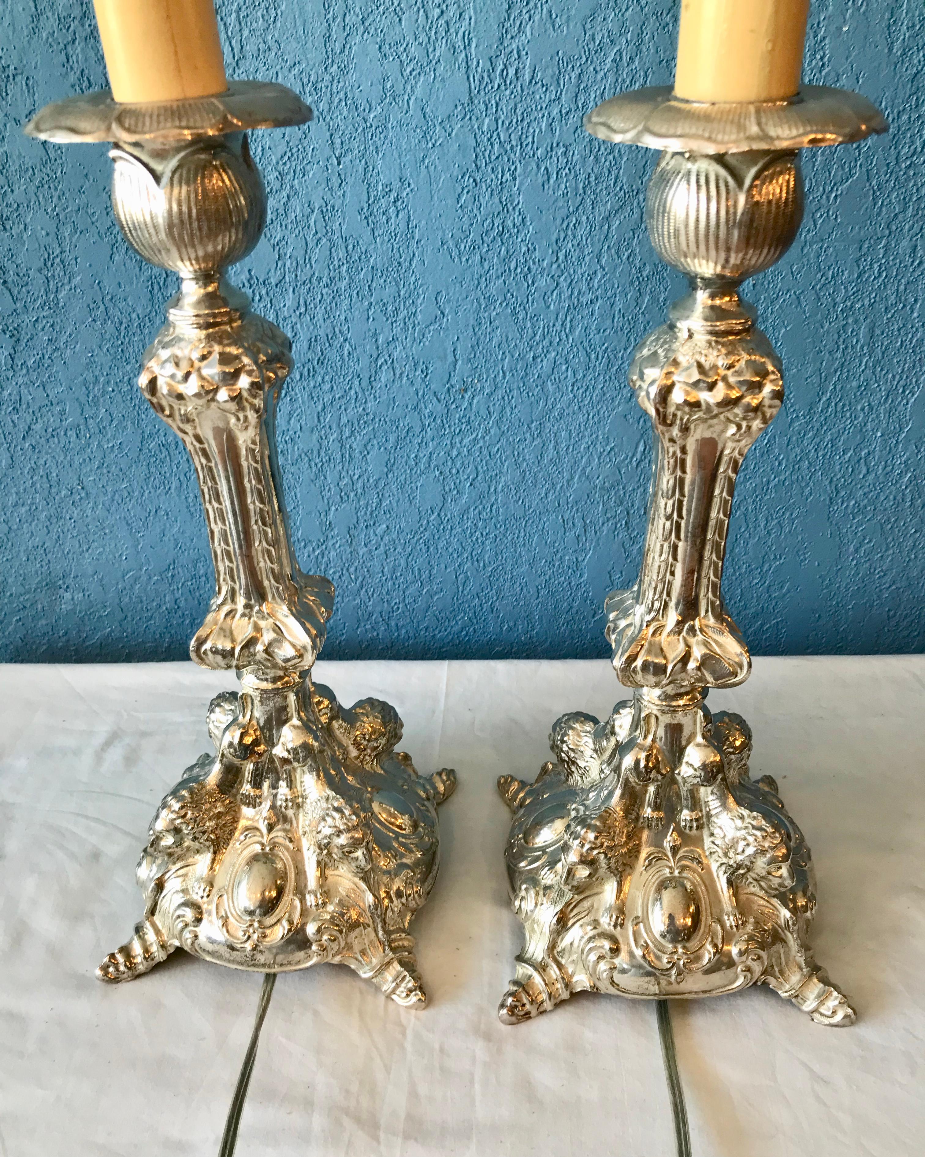 Pair of Continental Silvered Lamps For Sale 6