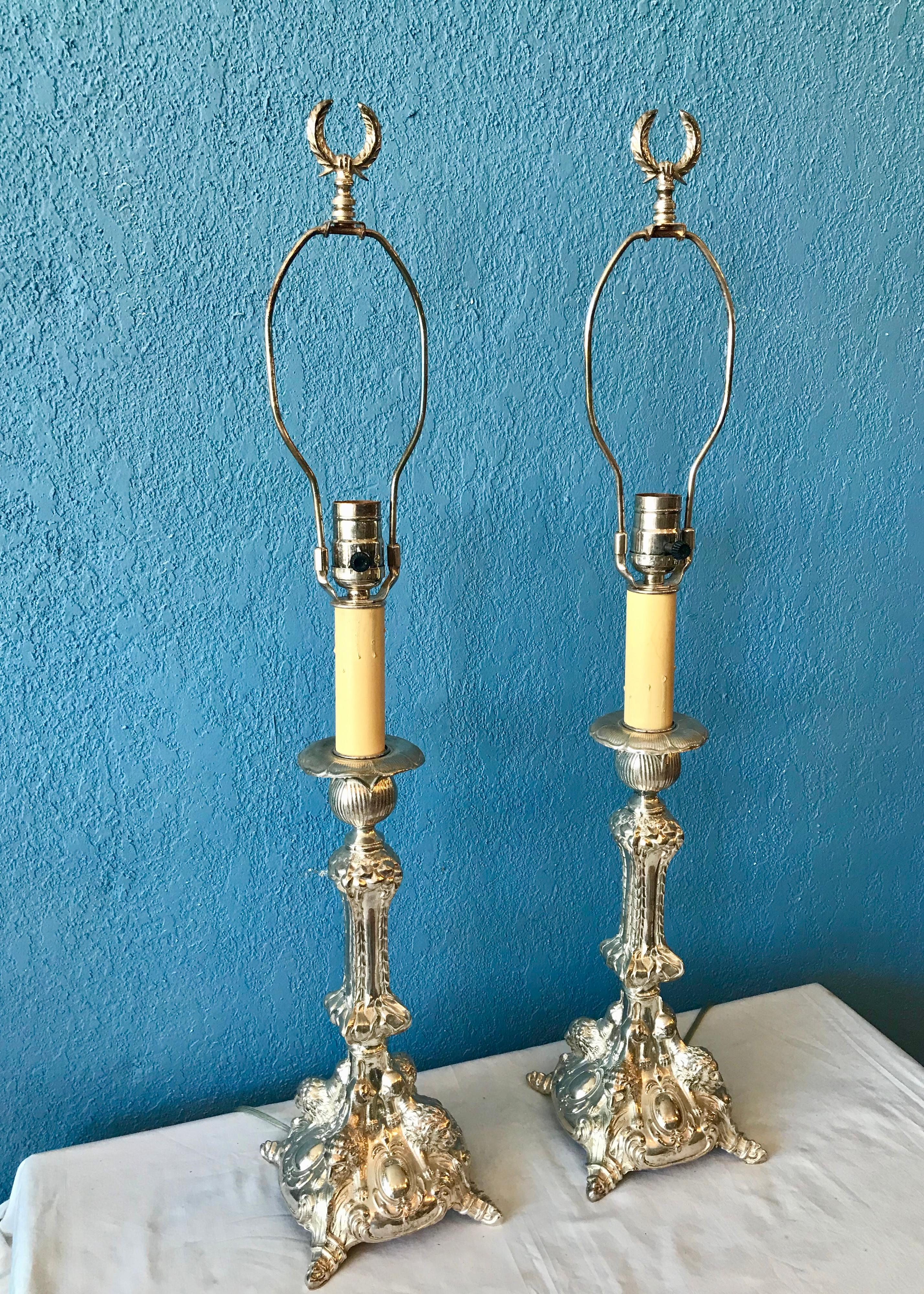 European Pair of Continental Silvered Lamps For Sale