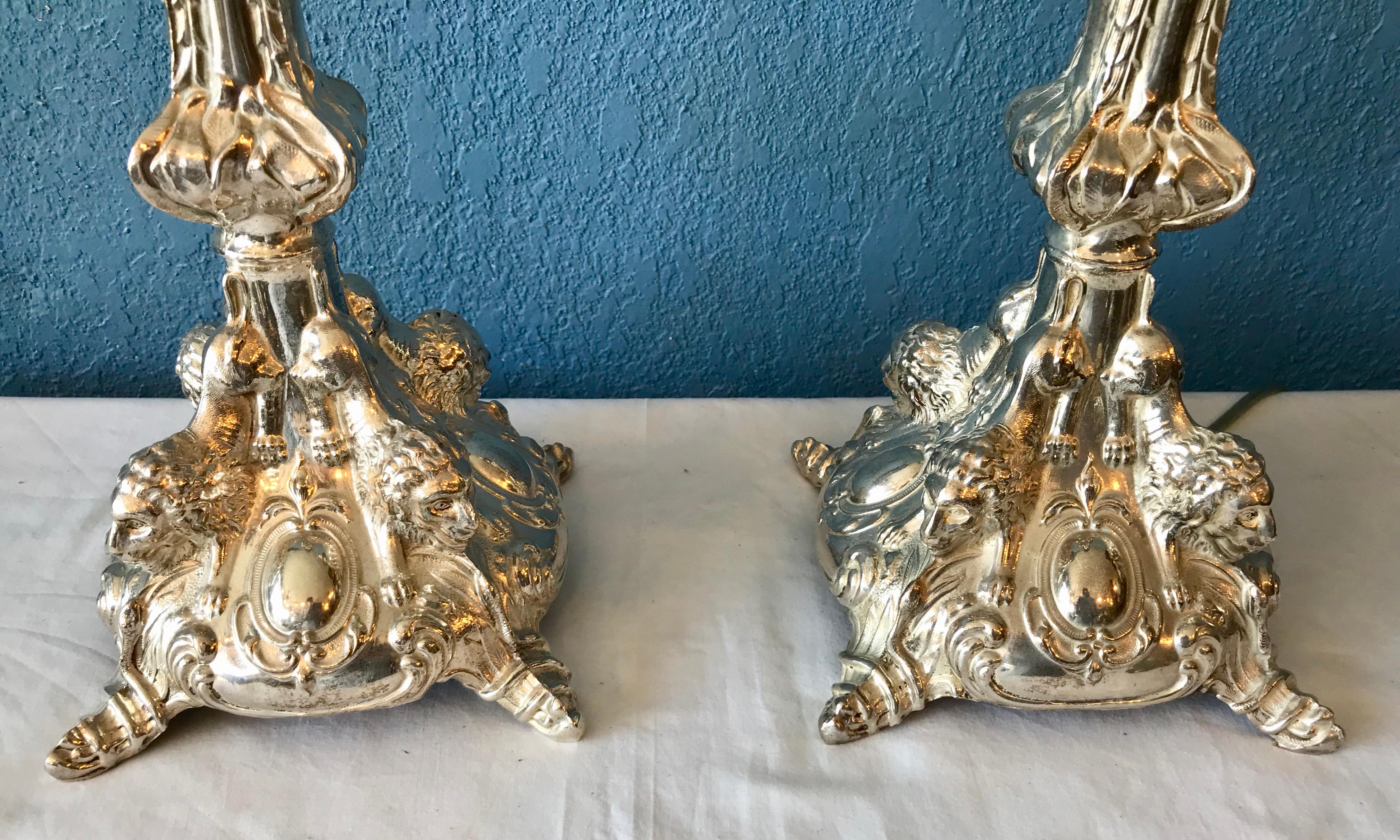Pair of Continental Silvered Lamps In Good Condition For Sale In West Palm Beach, FL