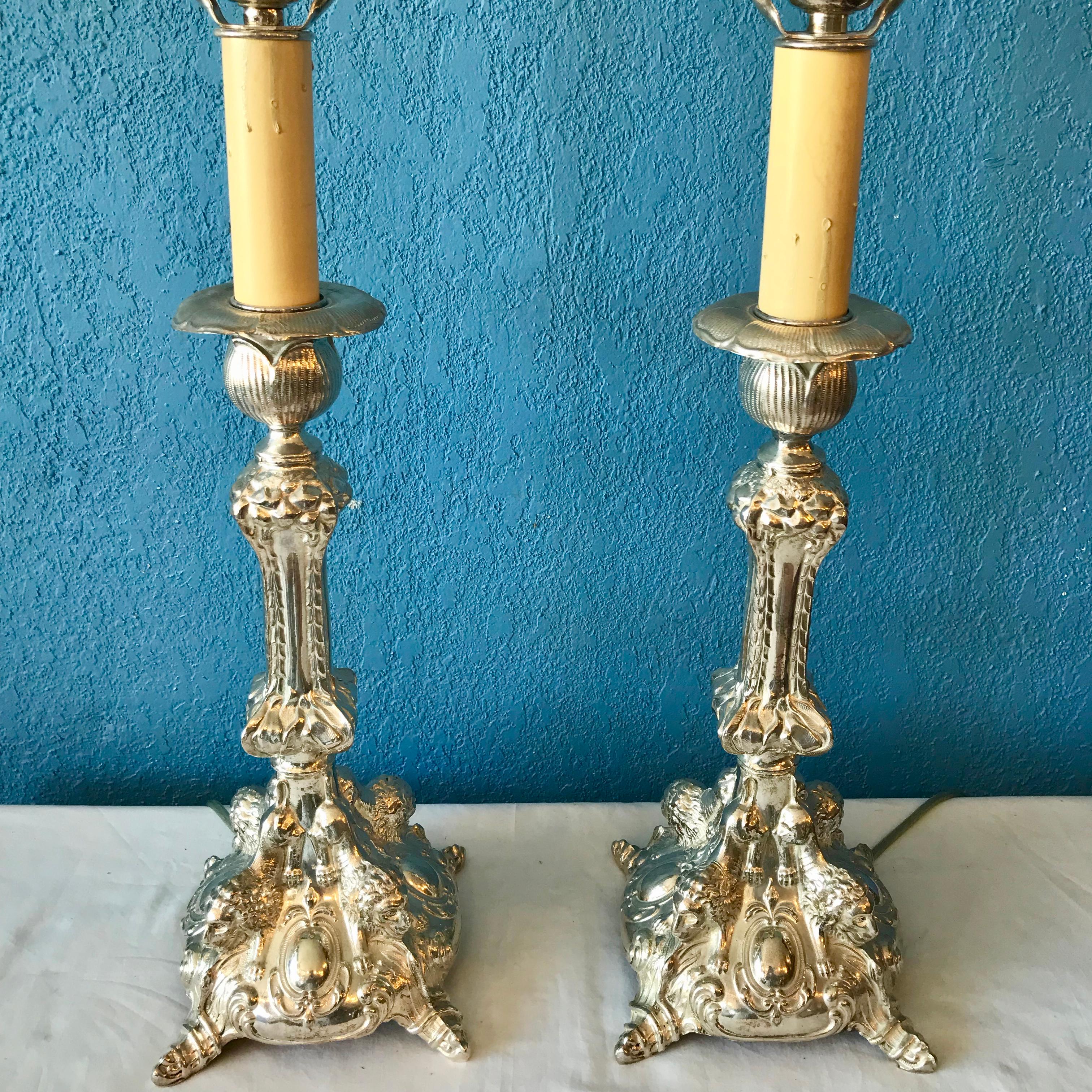 Metal Pair of Continental Silvered Lamps For Sale