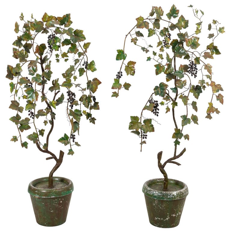 Pair of Continental Style Tole Grape Vine Flower Pots For Sale at 1stDibs