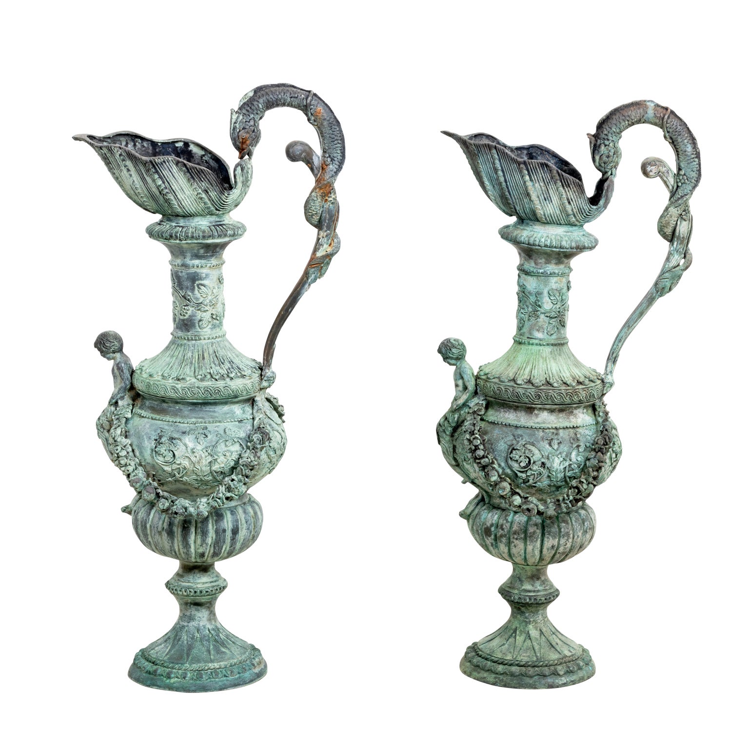 Pair of Continental Style Verdigris Bronze Urns For Sale