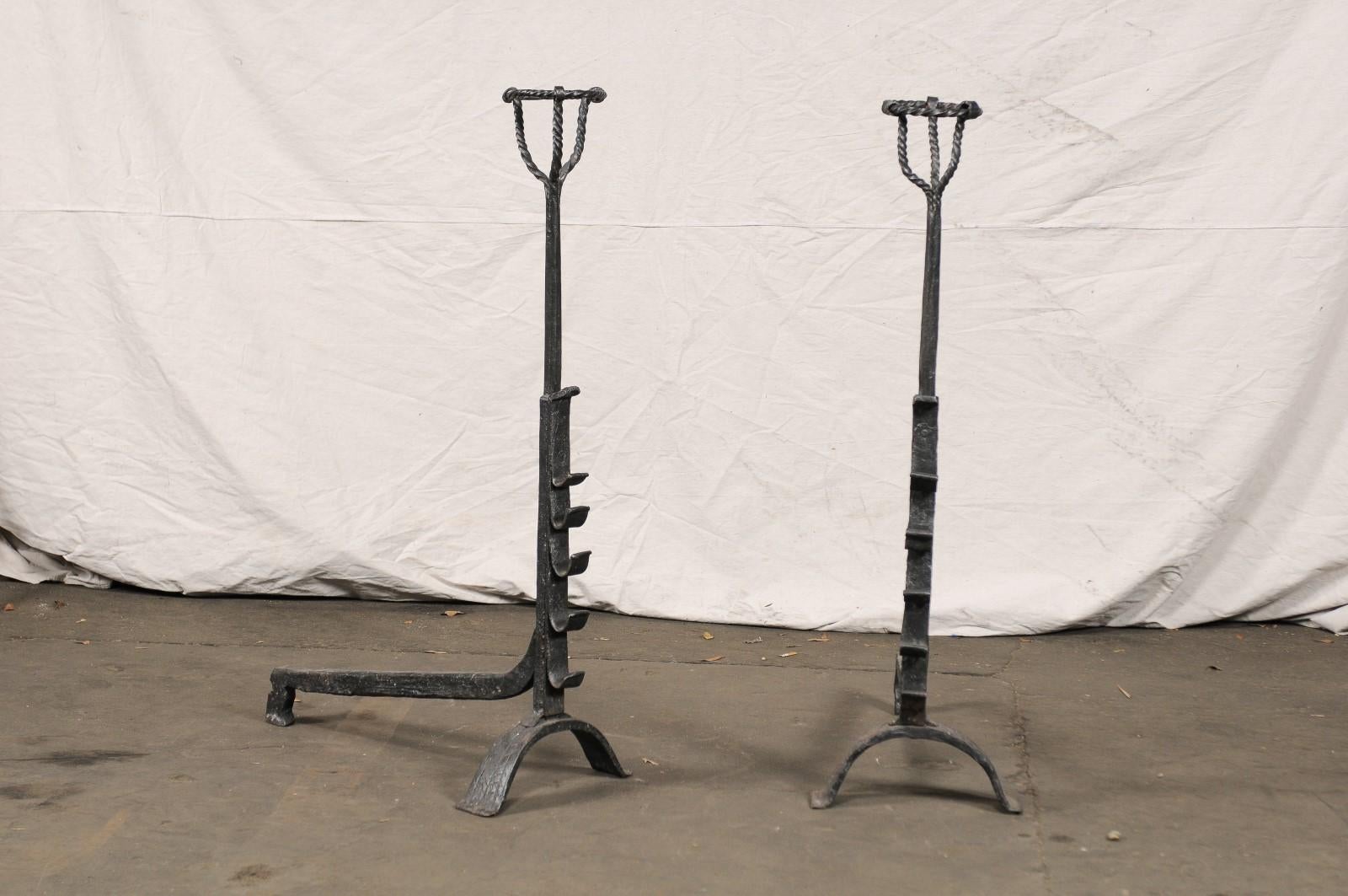 Pair of Continental Tall Black Primitive Andirons with Port Warmers, circa 1900 For Sale 4