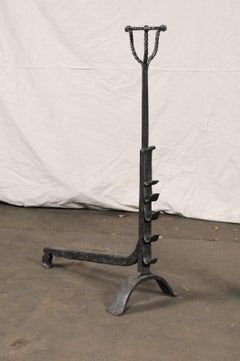 Pair of Continental Tall Black Primitive Andirons with Port Warmers, circa 1900