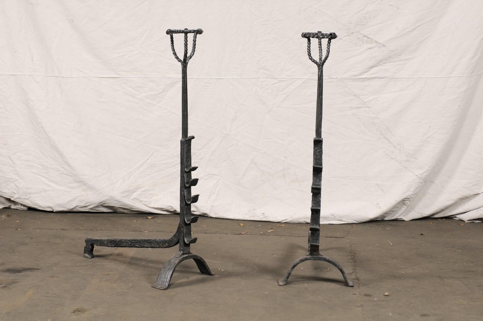 Pair of Continental Tall Black Primitive Andirons with Port Warmers, circa 1900 In Good Condition For Sale In Atlanta, GA