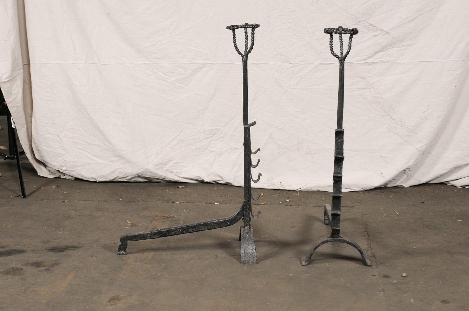 Early 20th Century Pair of Continental Tall Black Primitive Andirons with Port Warmers, circa 1900 For Sale