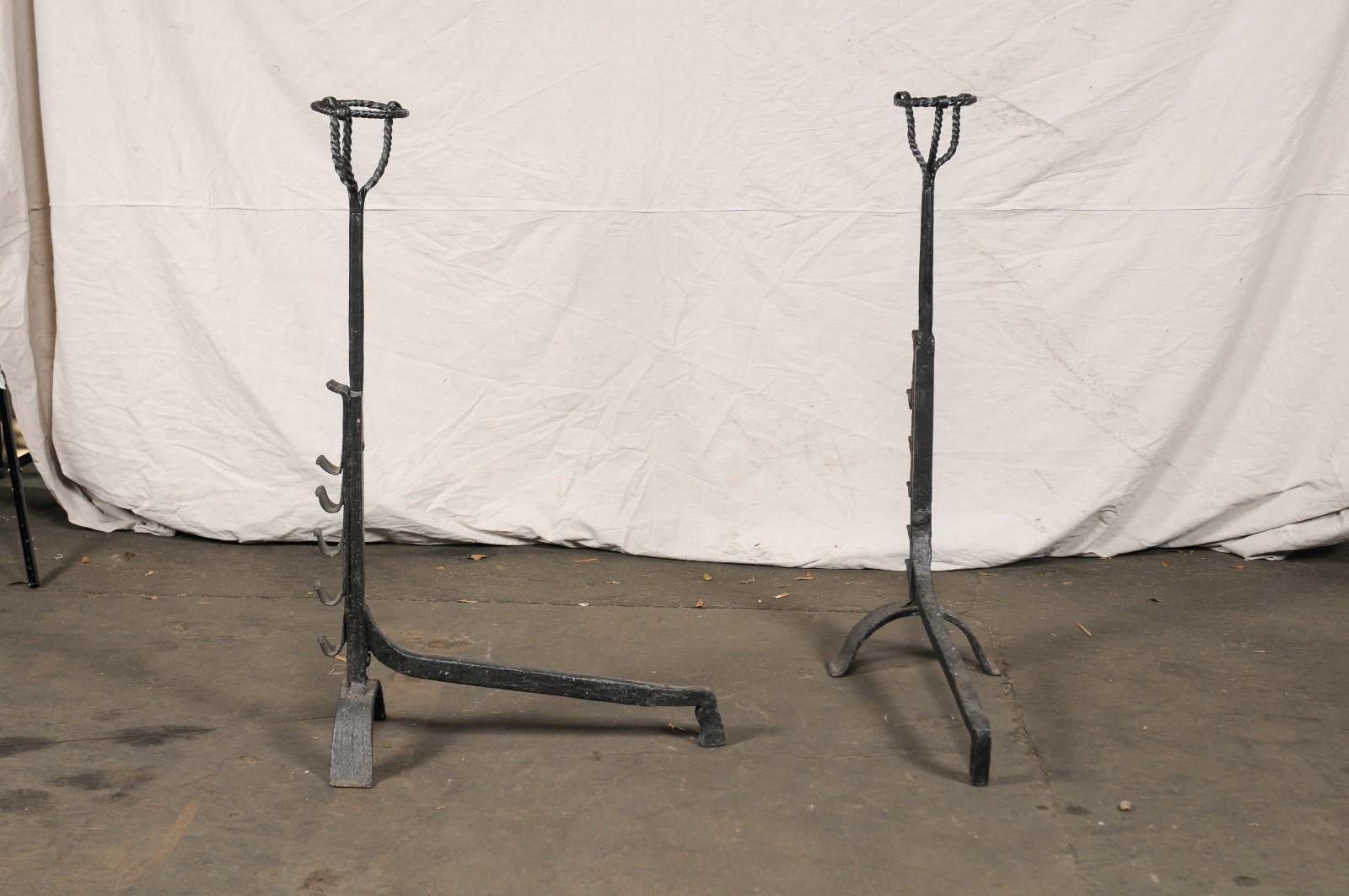 Pair of Continental Tall Black Primitive Andirons with Port Warmers, circa 1900 For Sale 1