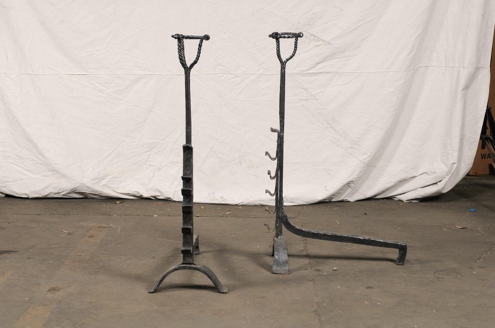 Pair of Continental Tall Black Primitive Andirons with Port Warmers, circa 1900 For Sale 3