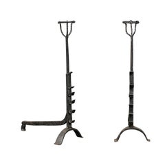 Pair of Continental Tall Black Primitive Andirons with Port Warmers, circa 1900