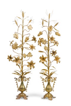 Pair of Continental Tall Vine-like Brass Candelabra