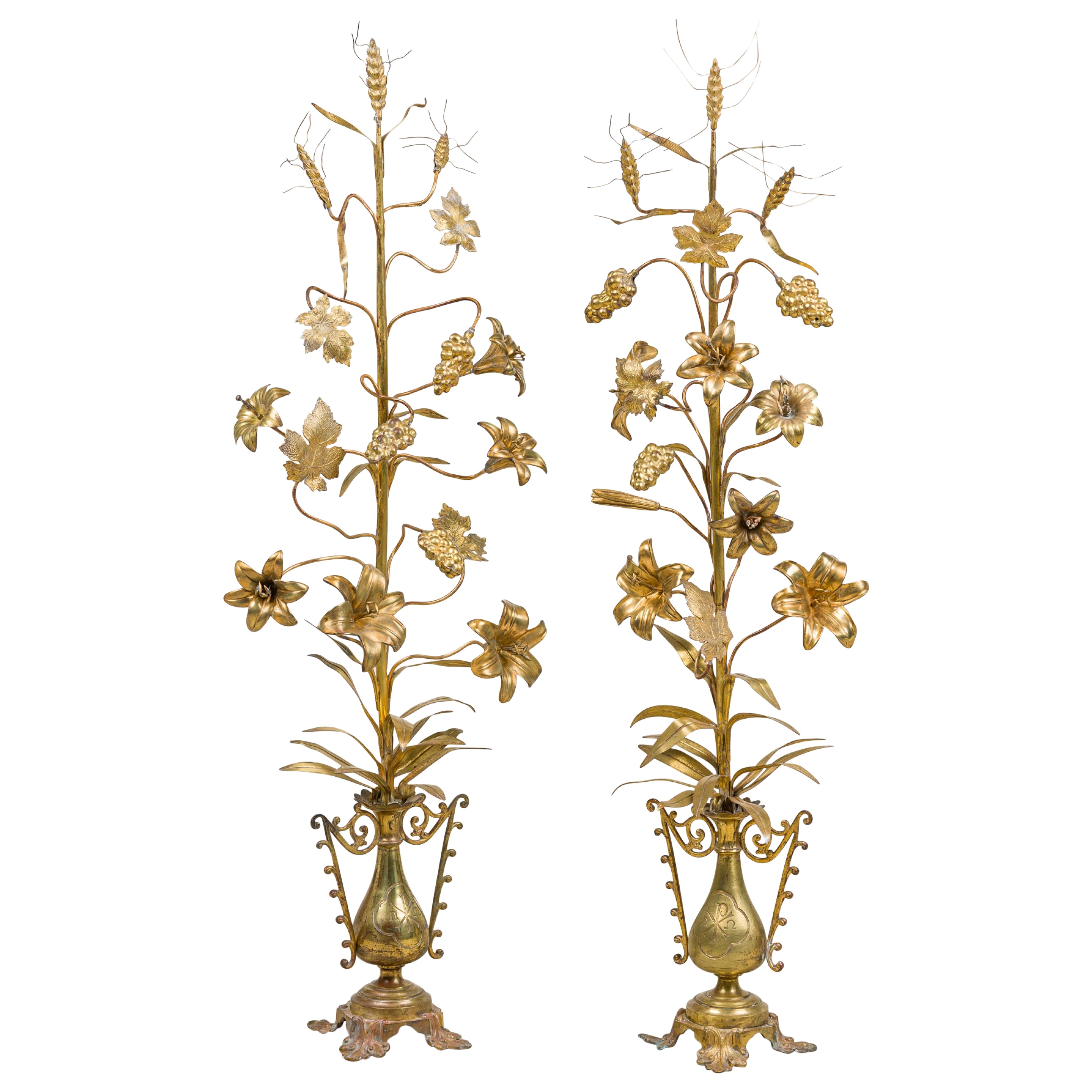 Pair of Continental Tall Vine-like Brass Candelabra
