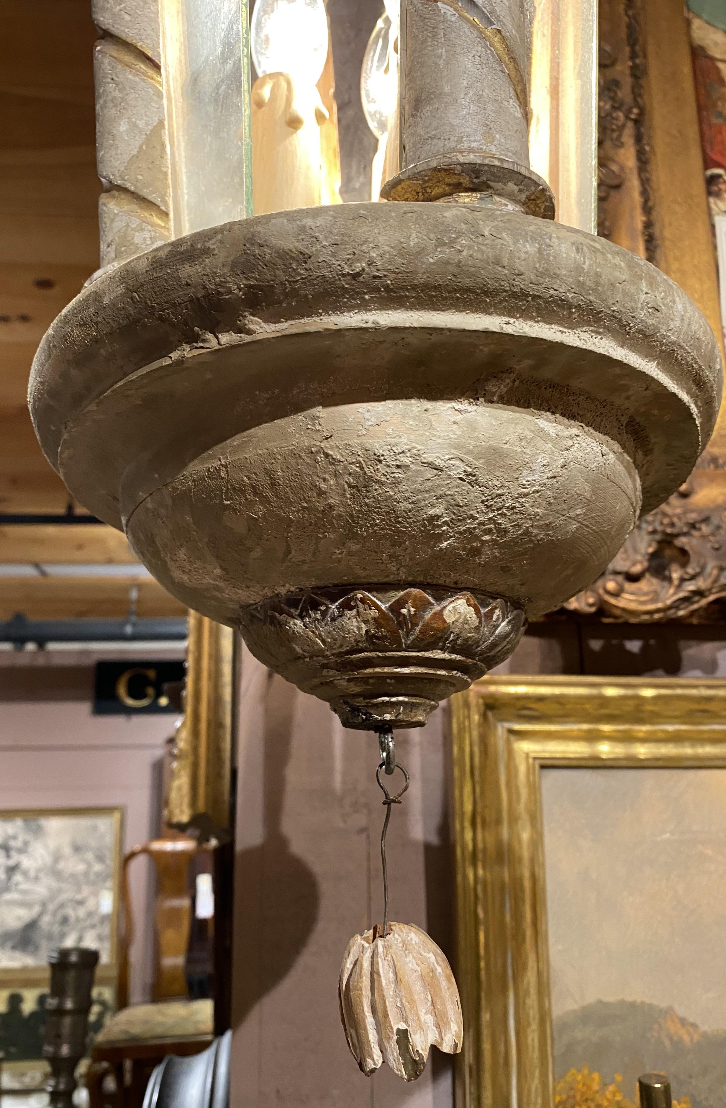 Pair of Continental Three Light Wooden Painted Chandeliers or Hall Lanterns For Sale 3