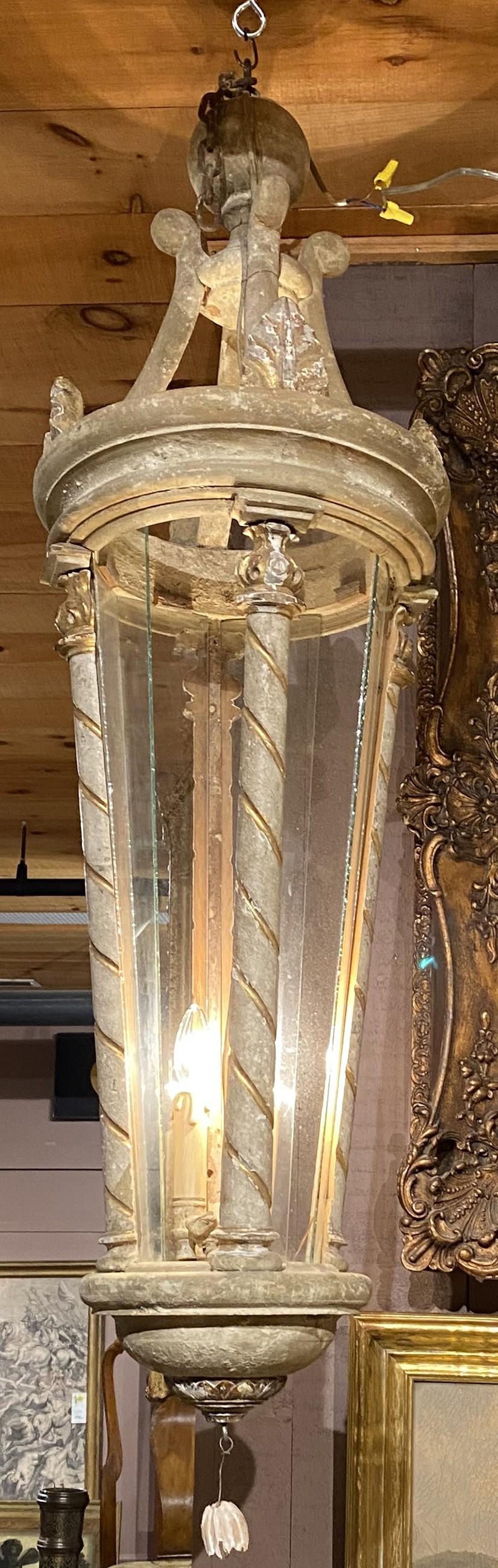 Baroque Pair of Continental Three Light Wooden Painted Chandeliers or Hall Lanterns For Sale