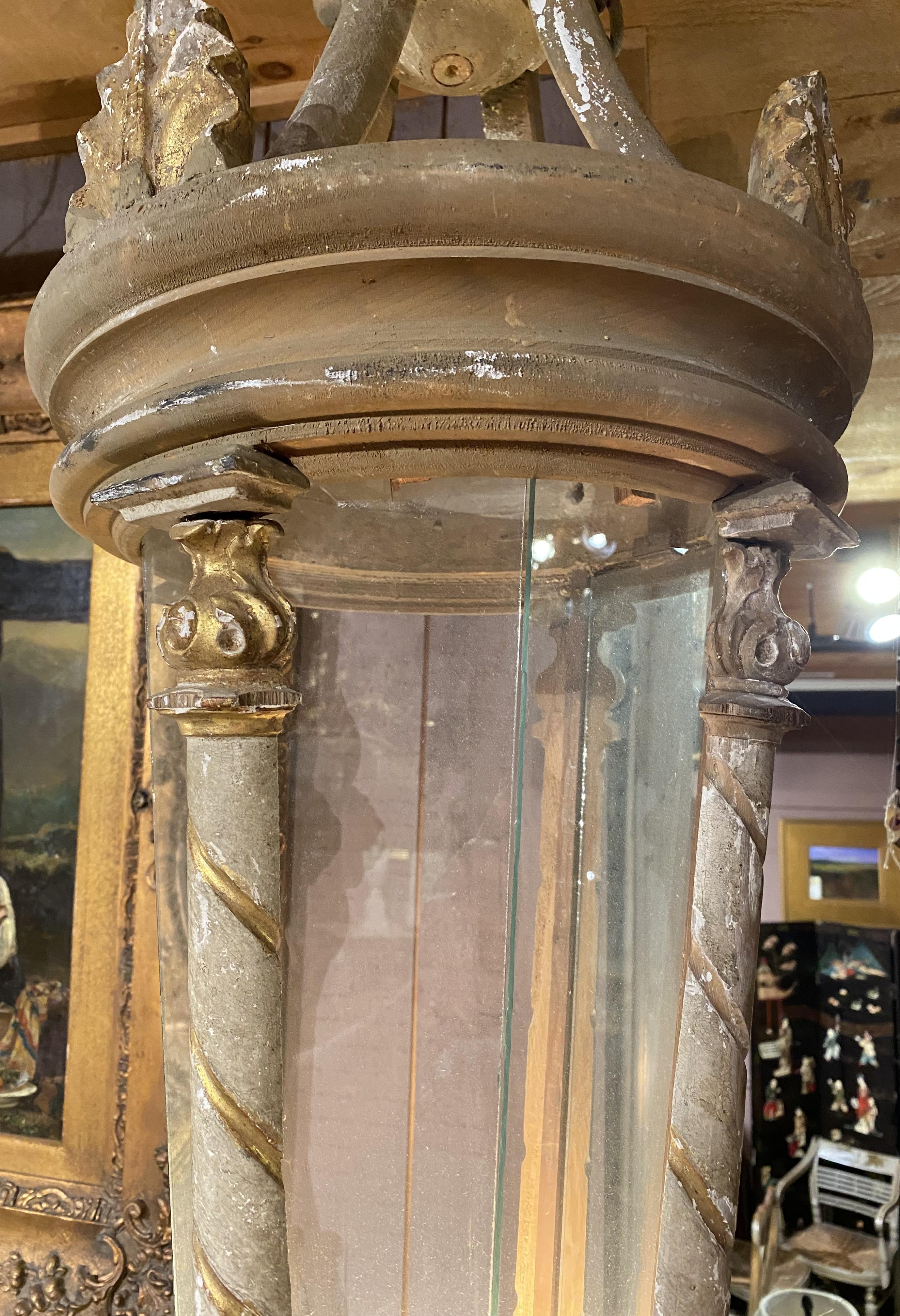 Hand-Carved Pair of Continental Three Light Wooden Painted Chandeliers or Hall Lanterns For Sale