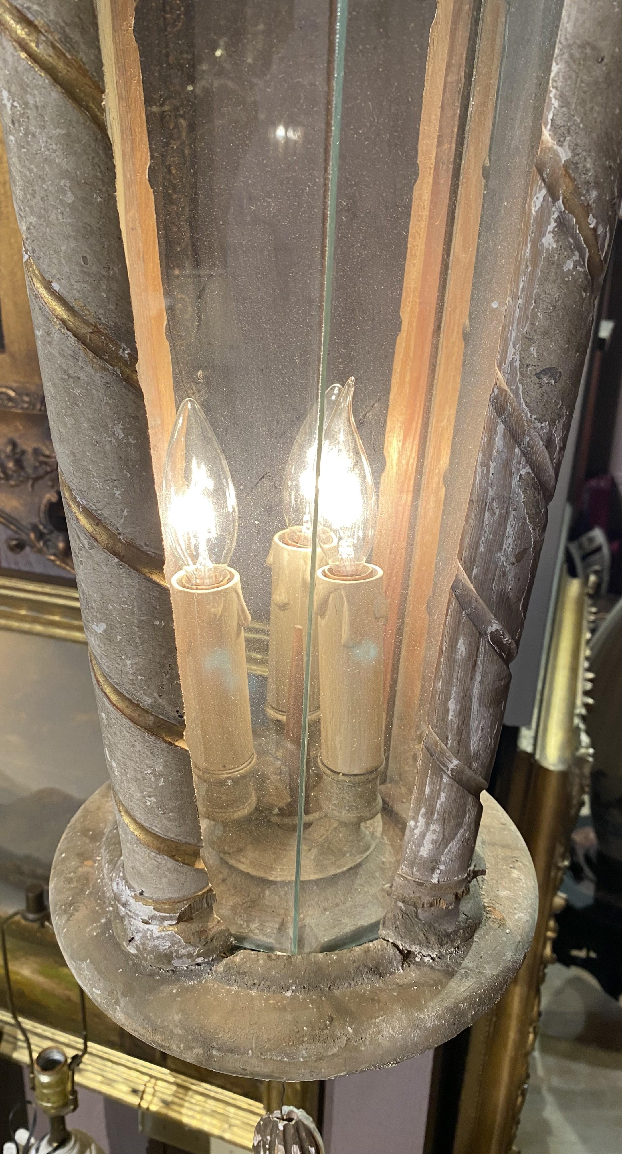 Pair of Continental Three Light Wooden Painted Chandeliers or Hall Lanterns In Good Condition For Sale In Milford, NH