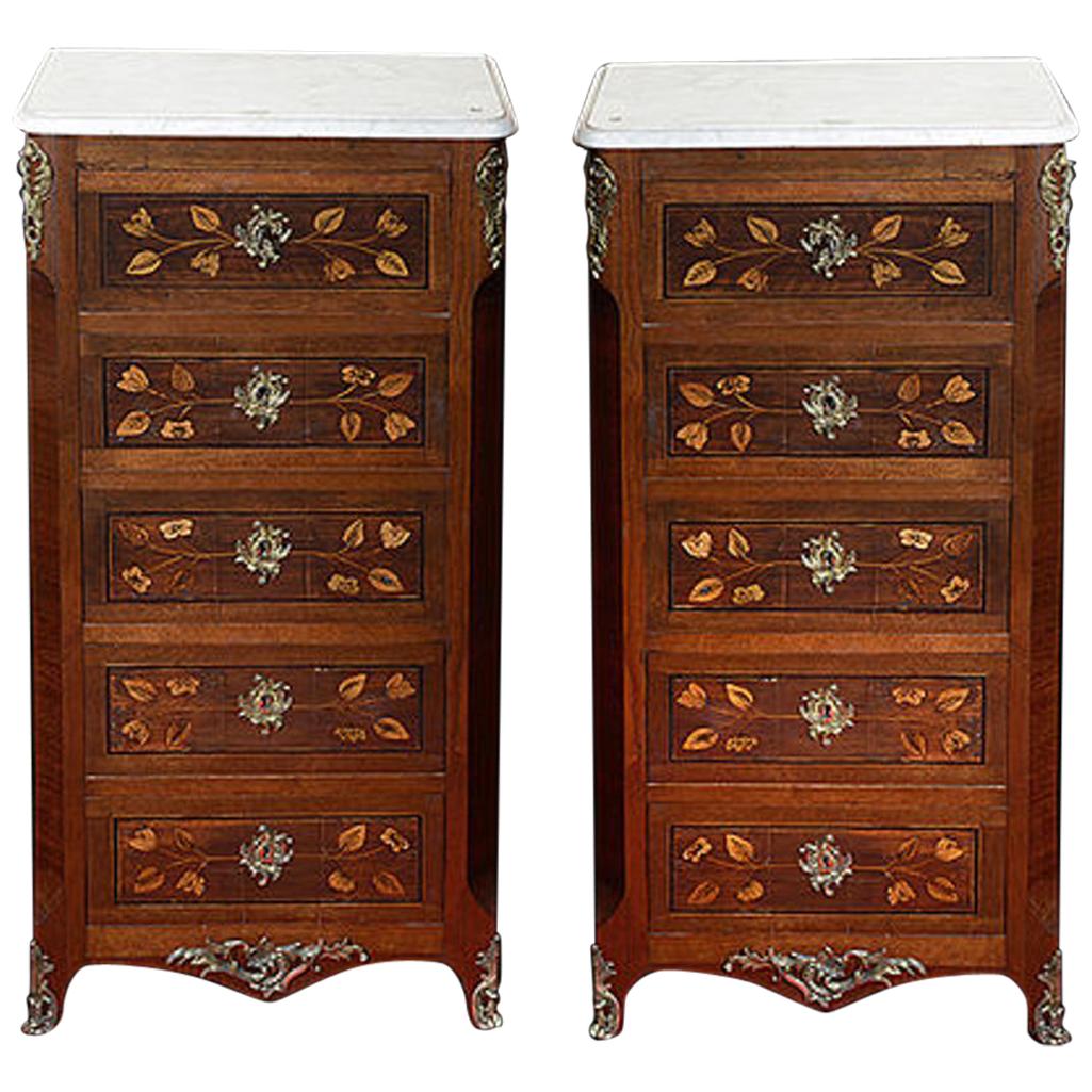 Pair of Continental Walnut, Rosewood and Satinwood Marquetry Chests For Sale