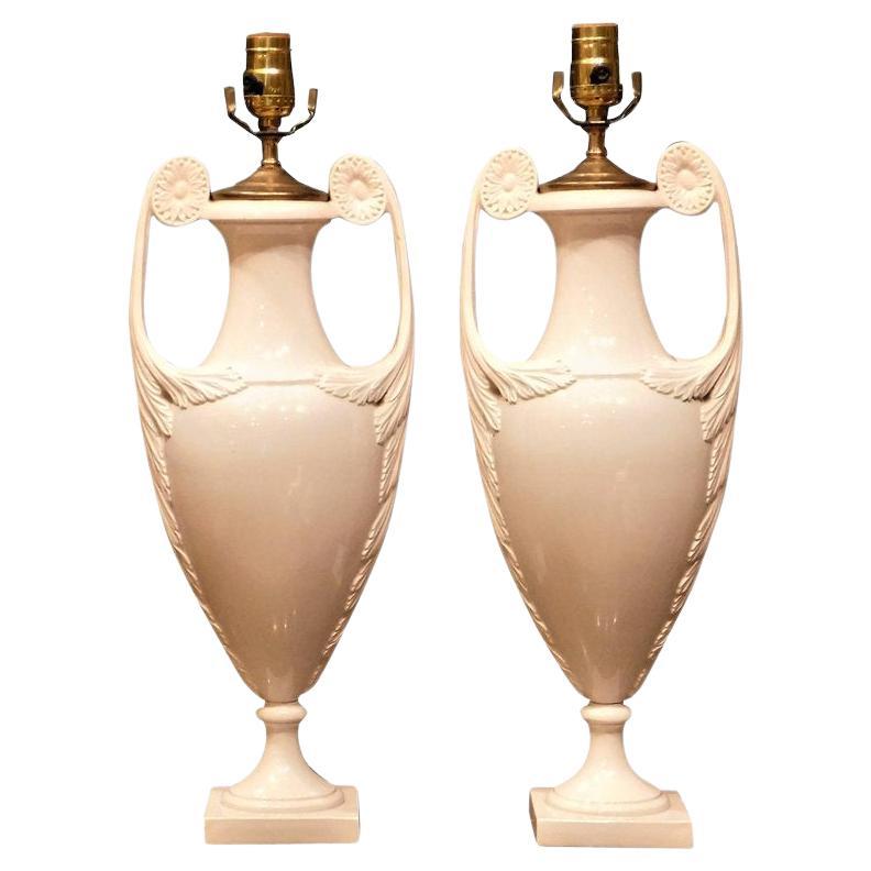 Pair of Continental White Faience Urn Table Lamps, Circa 1935 For Sale