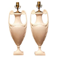 Vintage Pair of Continental White Faience Urn Table Lamps, Circa 1935
