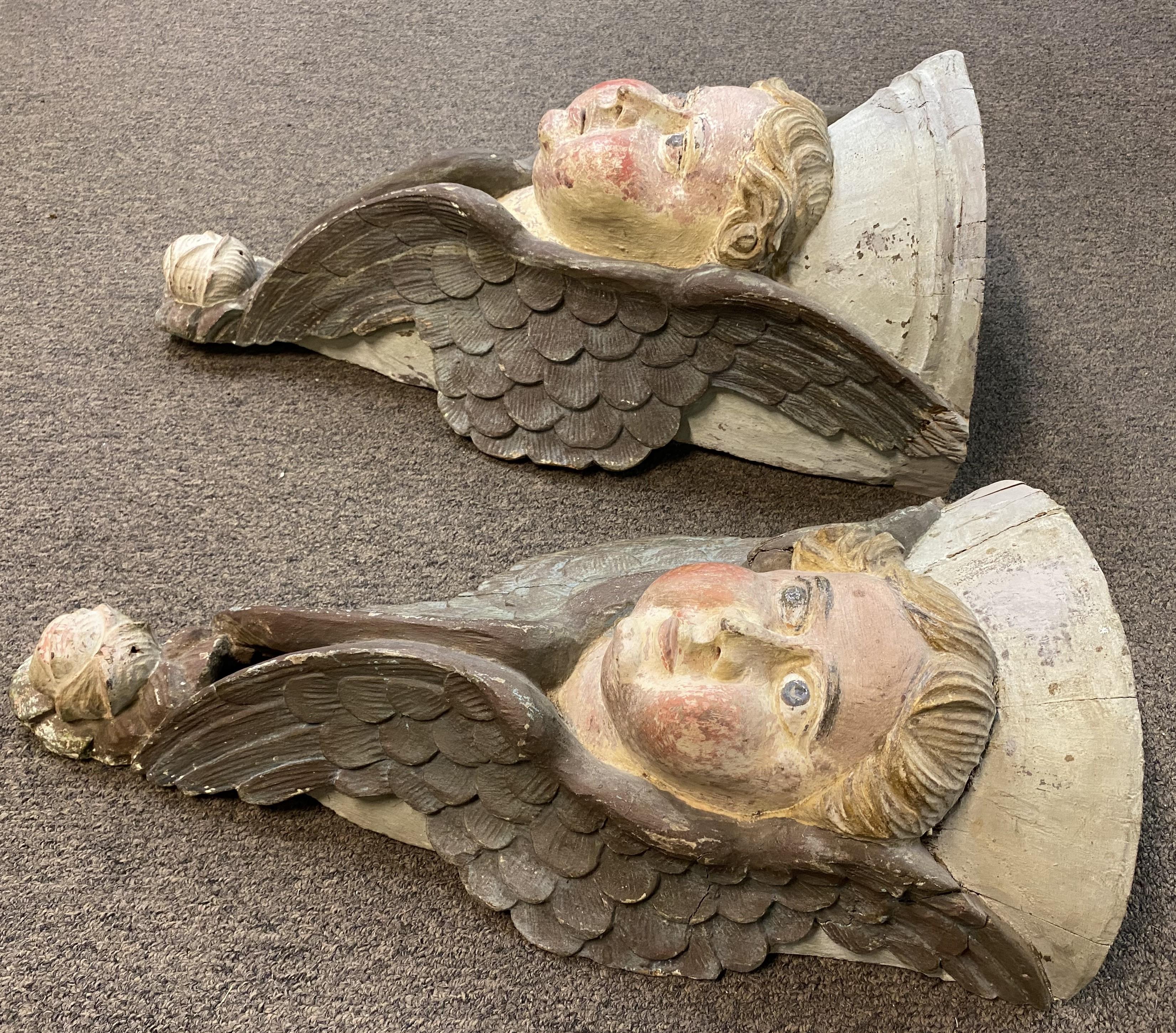 Hand-Carved Pair of Continental Wooden Carved Polychrome Figural Wall Appliqués or Brackets For Sale