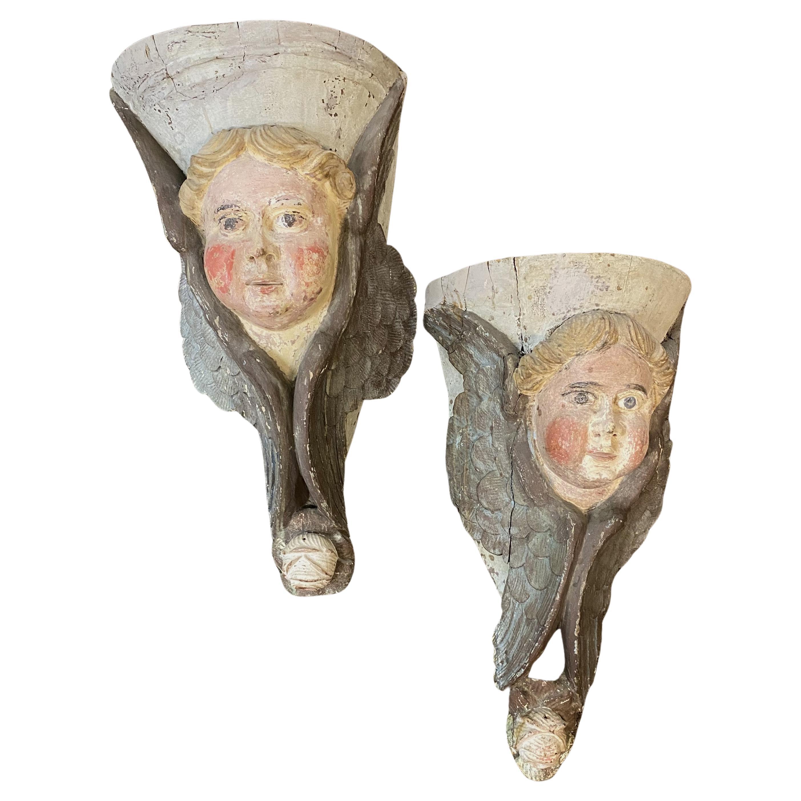 Pair of Continental Wooden Carved Polychrome Figural Wall Appliqués or Brackets For Sale