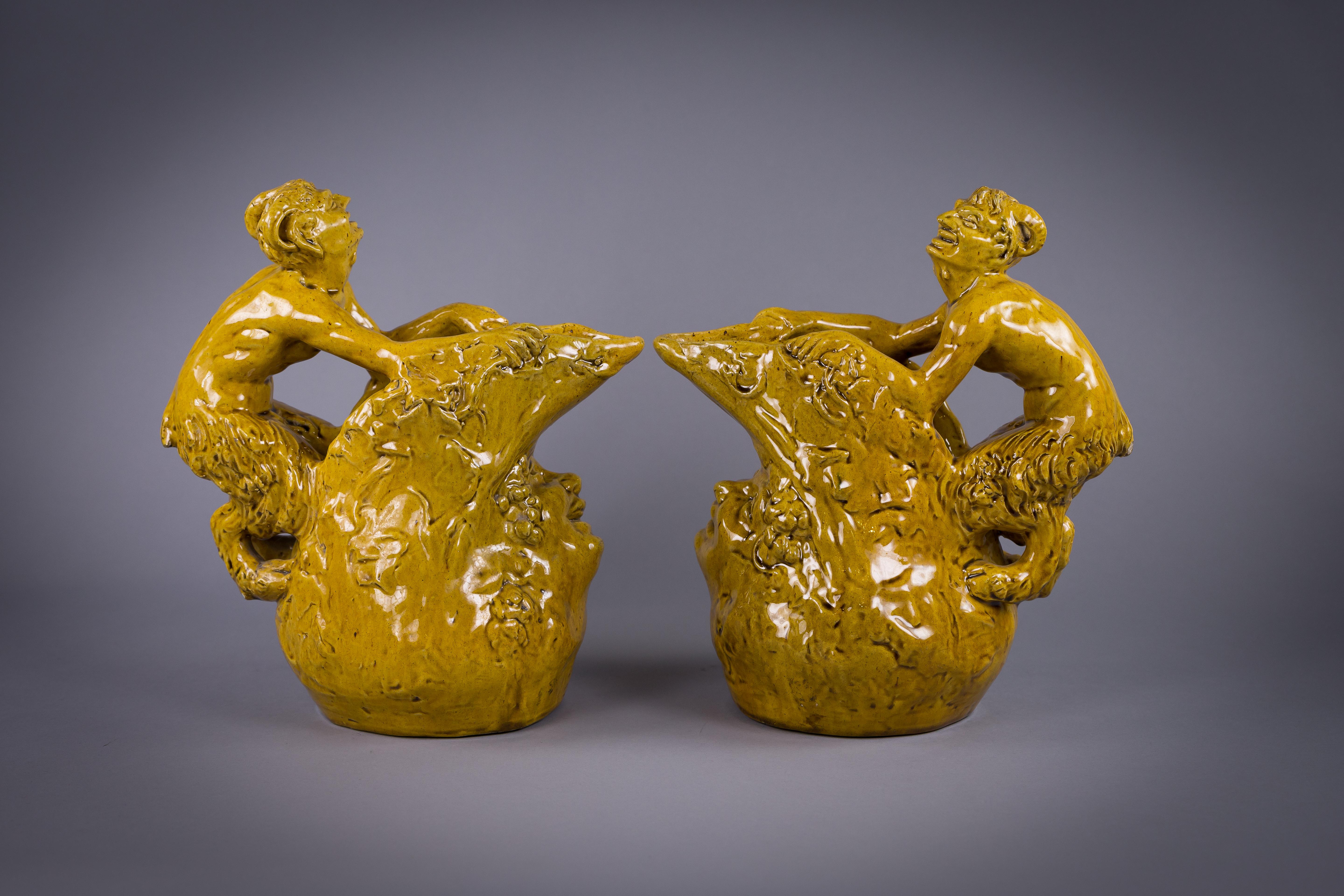 Pair of Continental Yellow Glazed Figural Jugs, circa 1870 In Excellent Condition For Sale In New York, NY