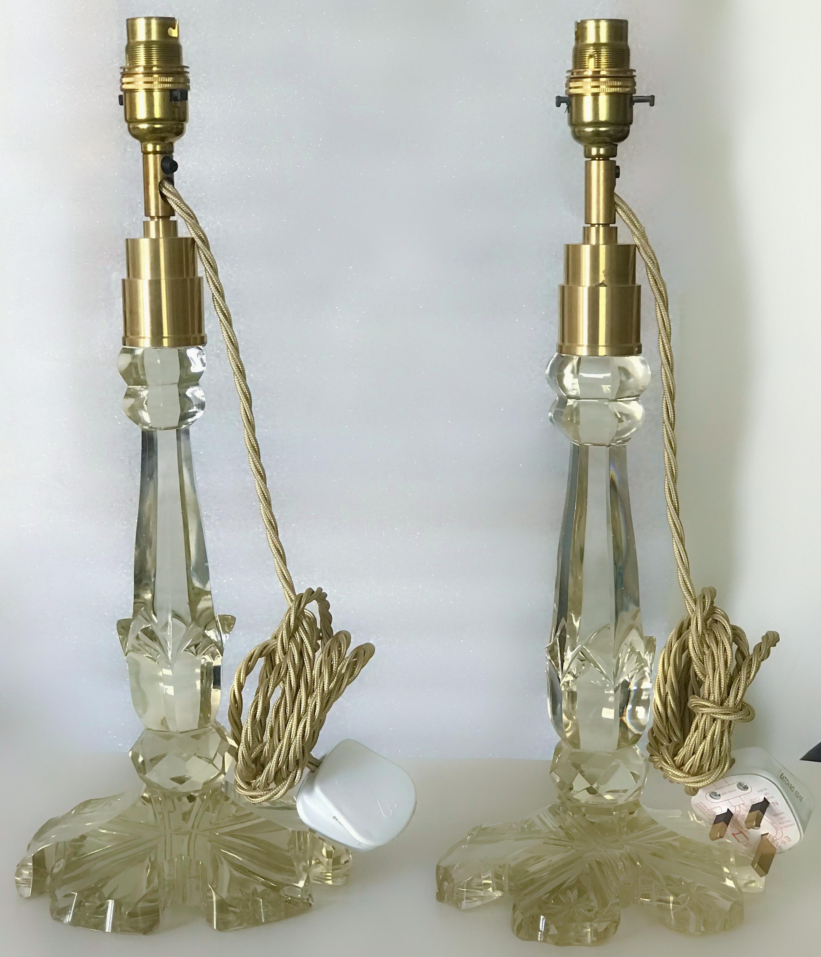 Antique 19th Century crystal candleholder centrepiece bases, converted to table lamps. 
Brand new wiring.