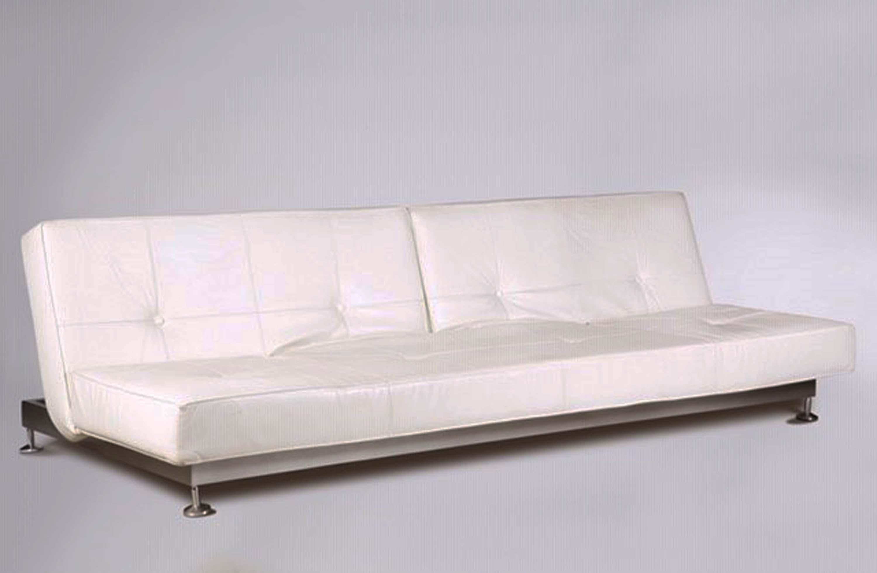 Single sofa.  Genuine White leather sofas, adjustable backs and sides. Importantly, it flattens out as comfortable platform bed. Upholstered in very high quality white Italian leather. High polished steel chrome base. Made by Edra from Italy.
Using