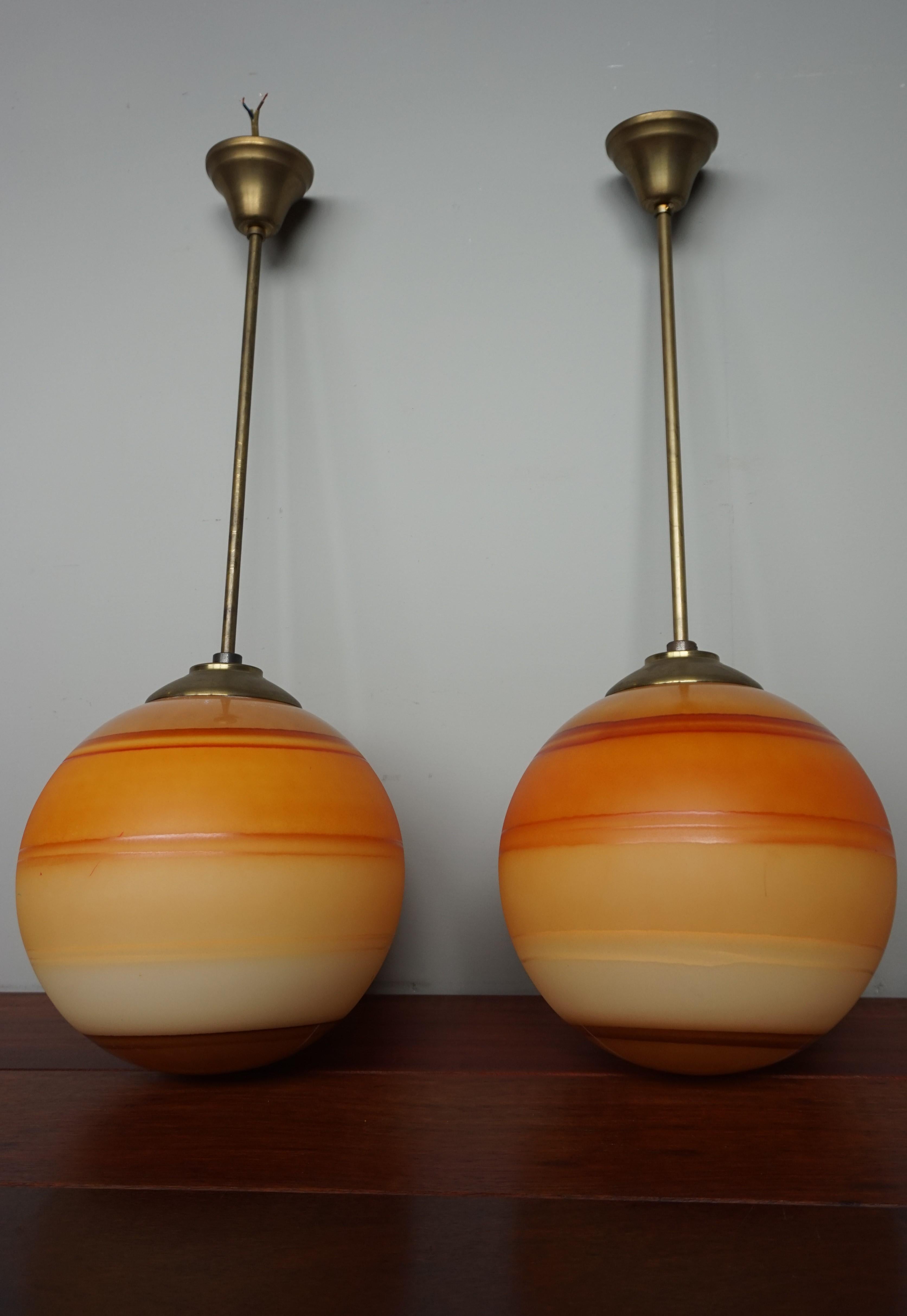 Pair of Cool & Colorful Midcentury / Space Age Glass Globe Planet Like Pendants  For Sale 6
