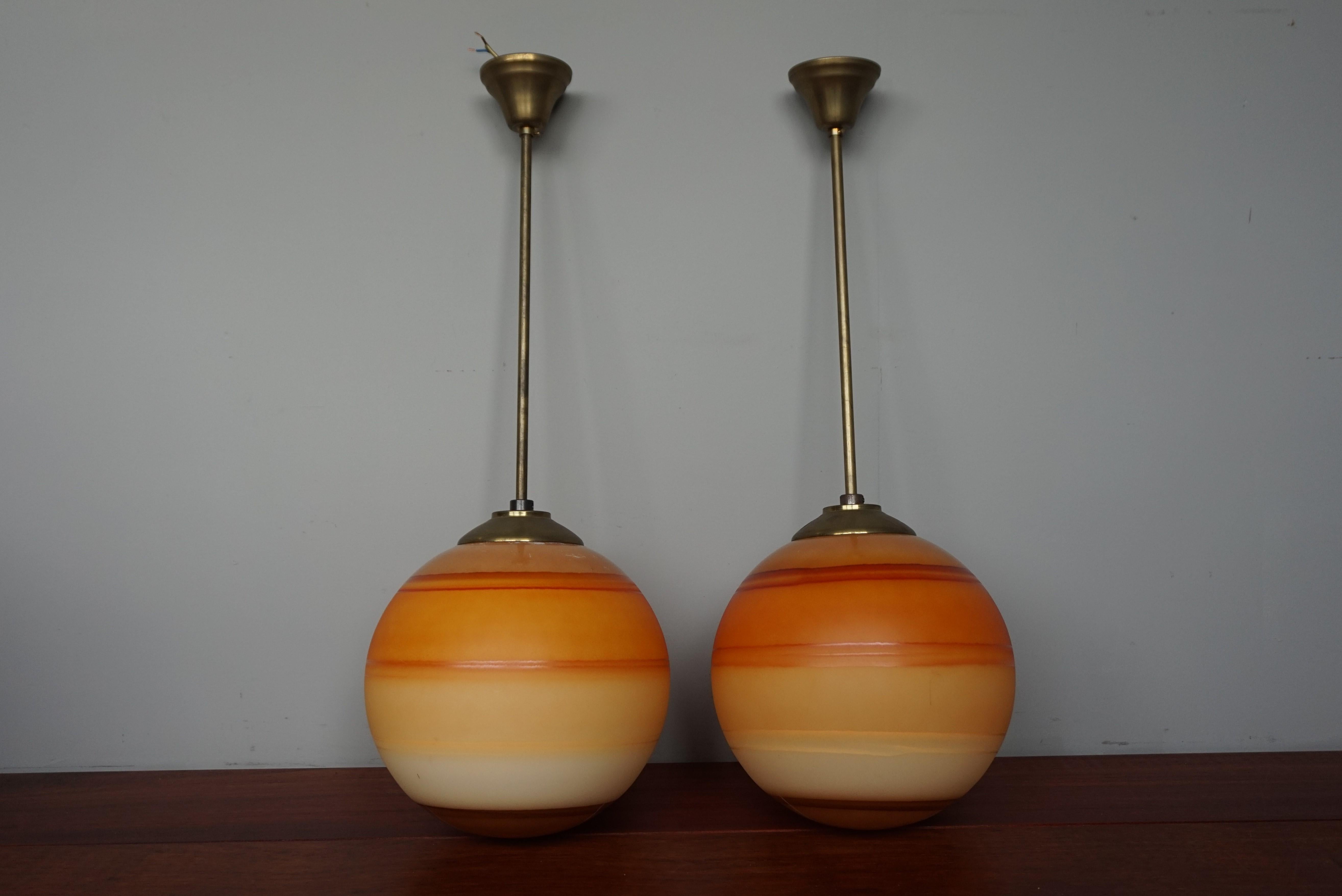 Pair of Cool & Colorful Midcentury / Space Age Glass Globe Planet Like Pendants  For Sale 13