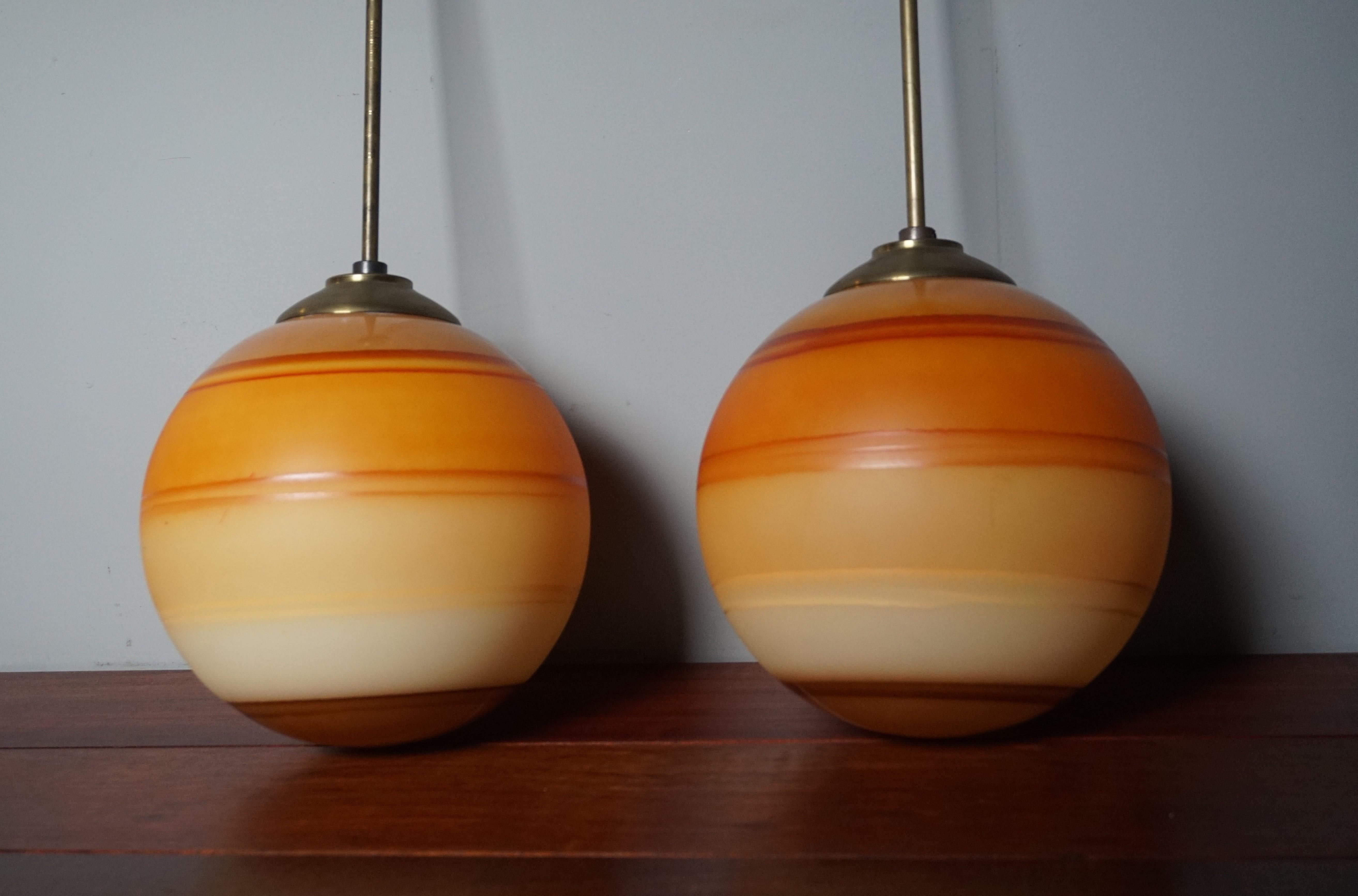 Pair of Cool & Colorful Midcentury / Space Age Glass Globe Planet Like Pendants  For Sale 1