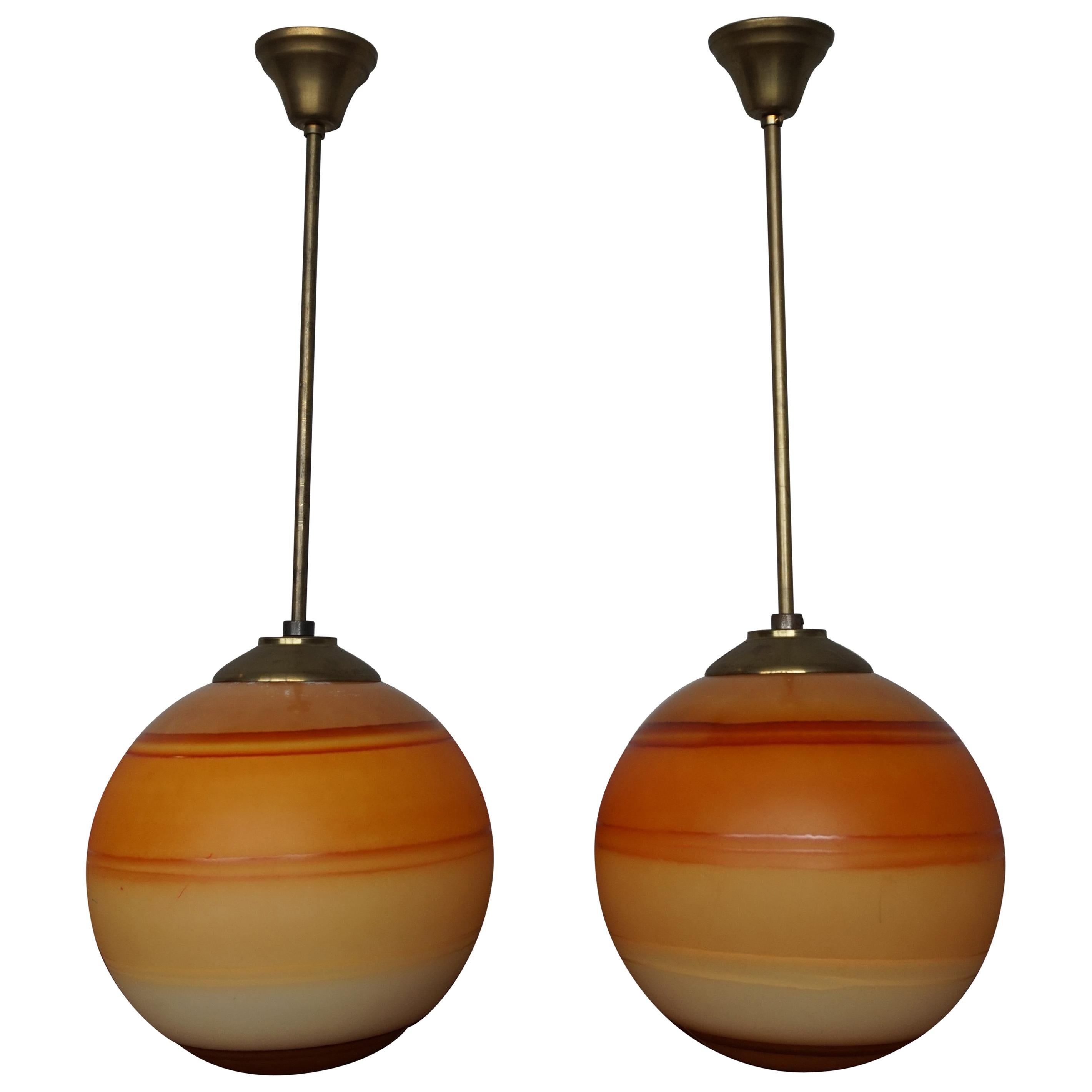 Pair of Cool & Colorful Midcentury / Space Age Glass Globe Planet Like Pendants 