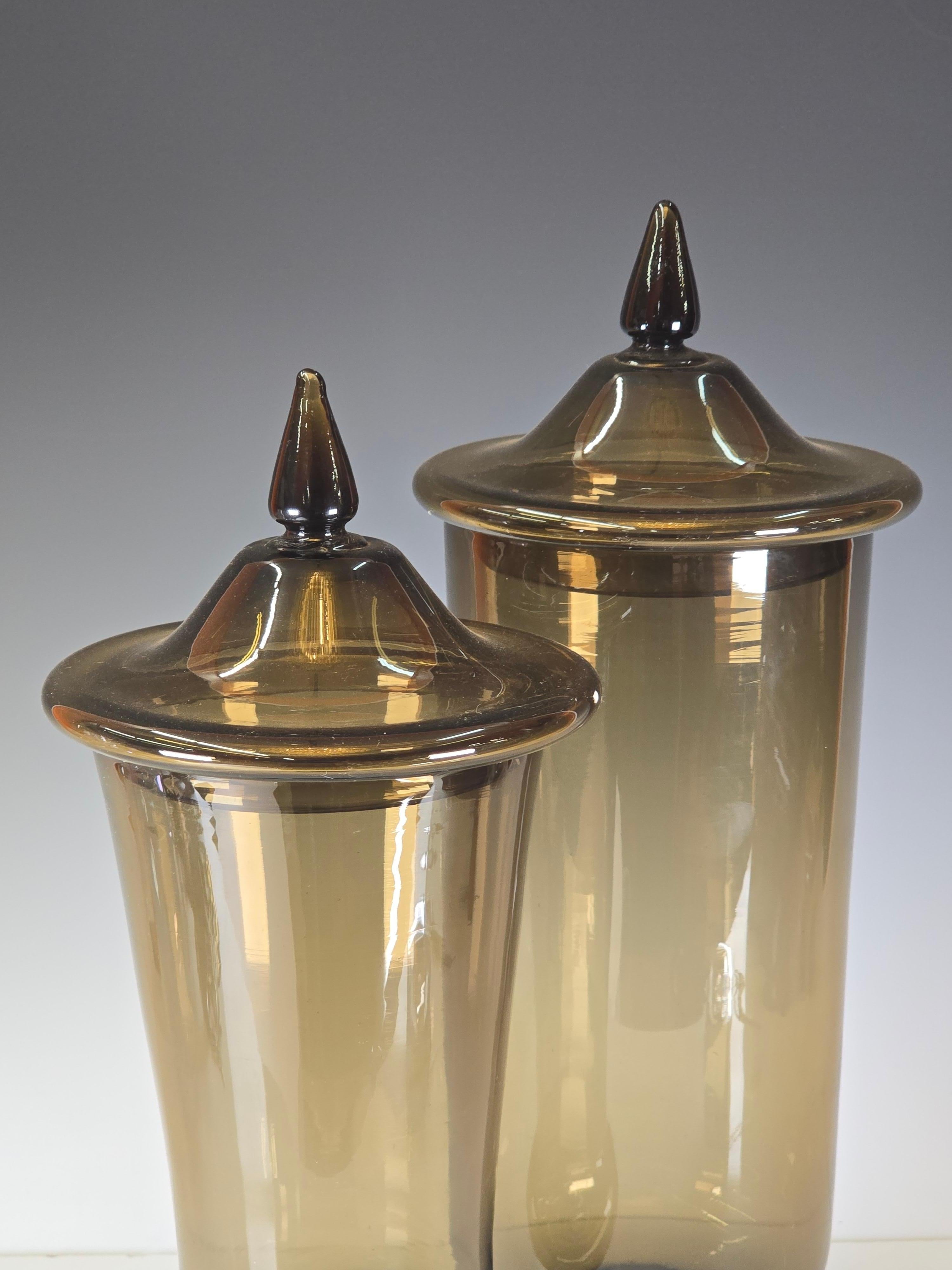 Glass Pair of Coordinated Apothecary Jars by Empoli For Sale