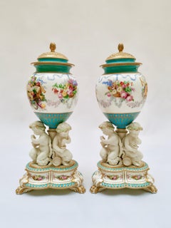 Pair of Copeland Potpourri Vases, Parian Putti Squeezing Grapes, 1891