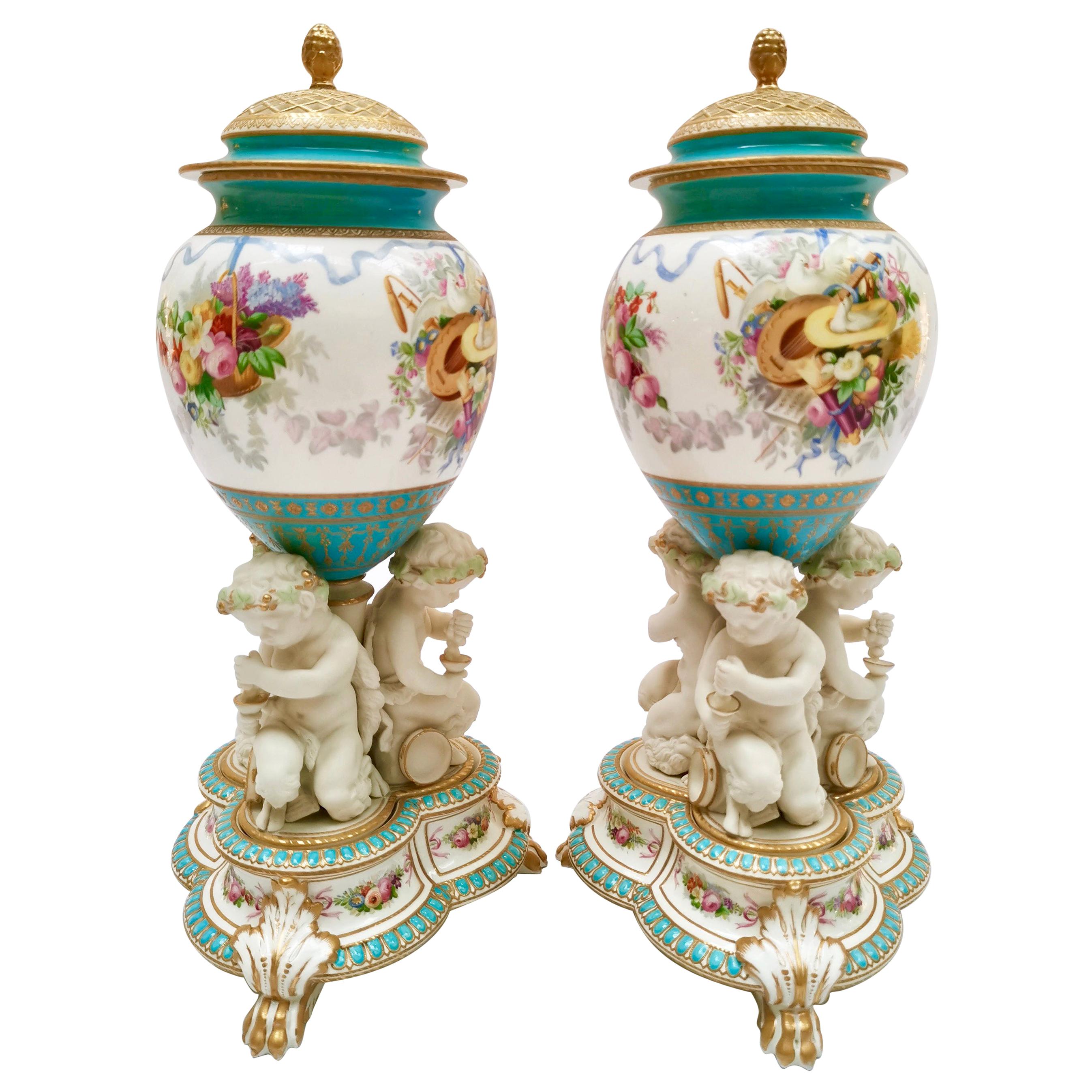 Pair of Copeland Potpourri Vases, Parian Putti Squeezing Grapes, 1891