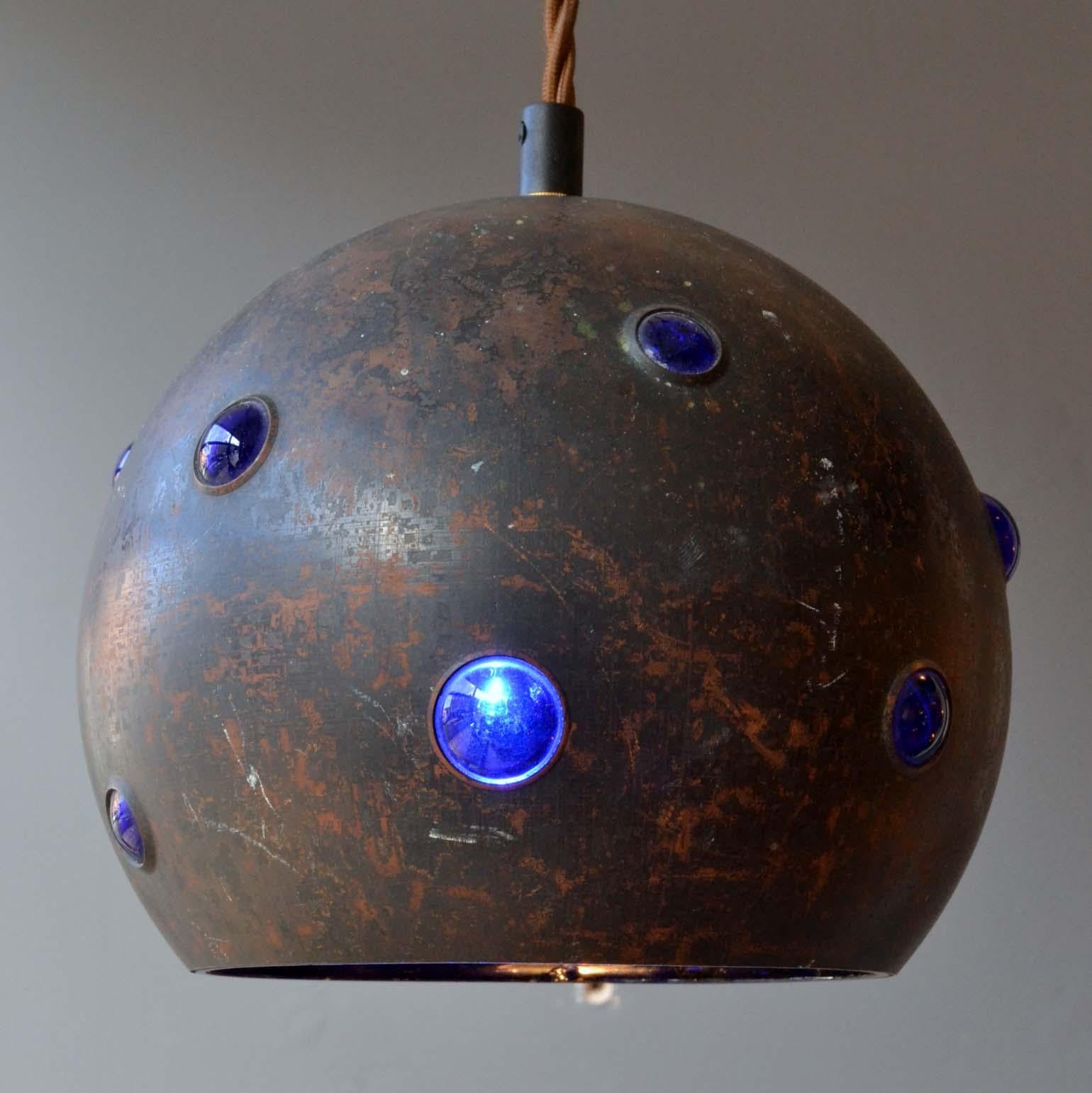 Dutch Pair of Copper and Blue Glass Pendant Lamps by Nanny Still for RAAK