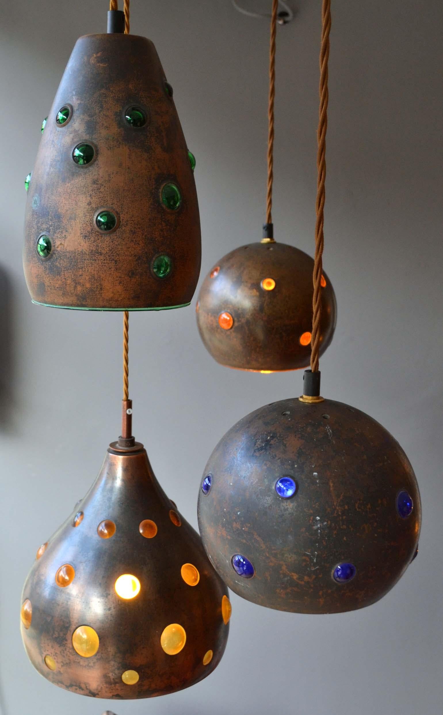 Pair of Copper and Blue Glass Pendant Lamps by Nanny Still for RAAK In Excellent Condition In London, GB
