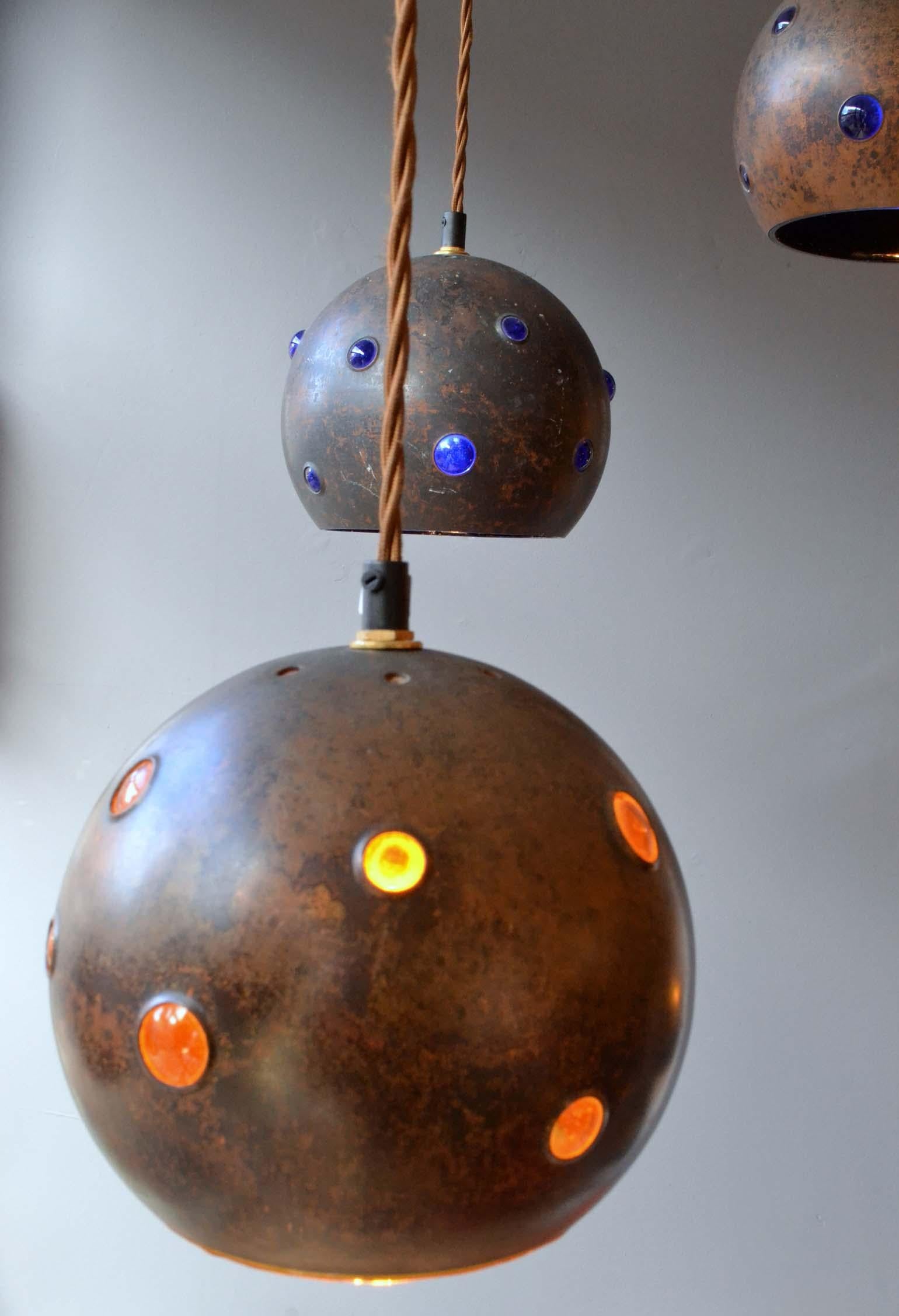 20th Century Pair of Copper and Blue Glass Pendant Lamps by Nanny Still for RAAK